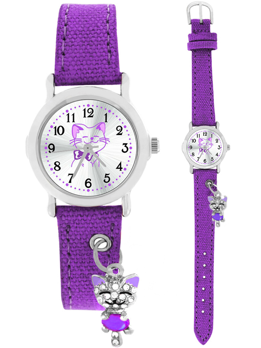 Pacific Time Kinder Armbanduhr Mädchen Katze Charm wasserdicht violett Textil 87416