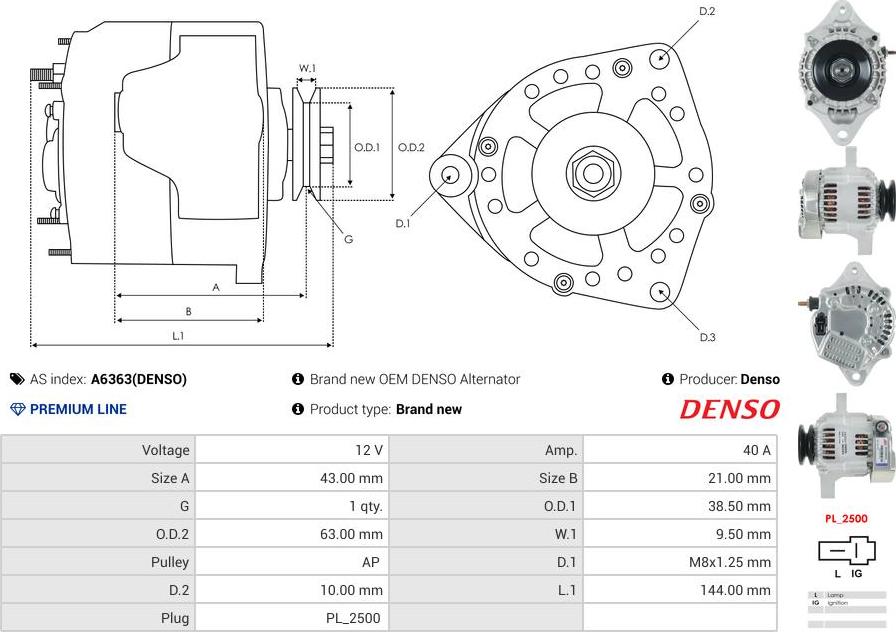 Denso Cuore 0.6, Cuore 0.8, Cuore 0.8 4WD, Hijet 0.8, Hijet 1.0, Hijet 1.0 i, PT A6363(DENSO)
