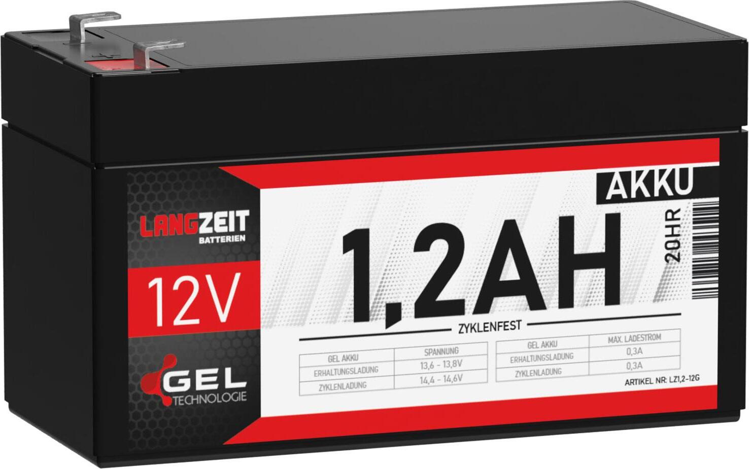 LANGZEIT Batterien Langzeit Akku 12V 1,2Ah Blei Gel Akku Batterie Bleiakku 12Volt ers. AGM 1,3Ah LC-R121R3PG LZ1,2-12G8