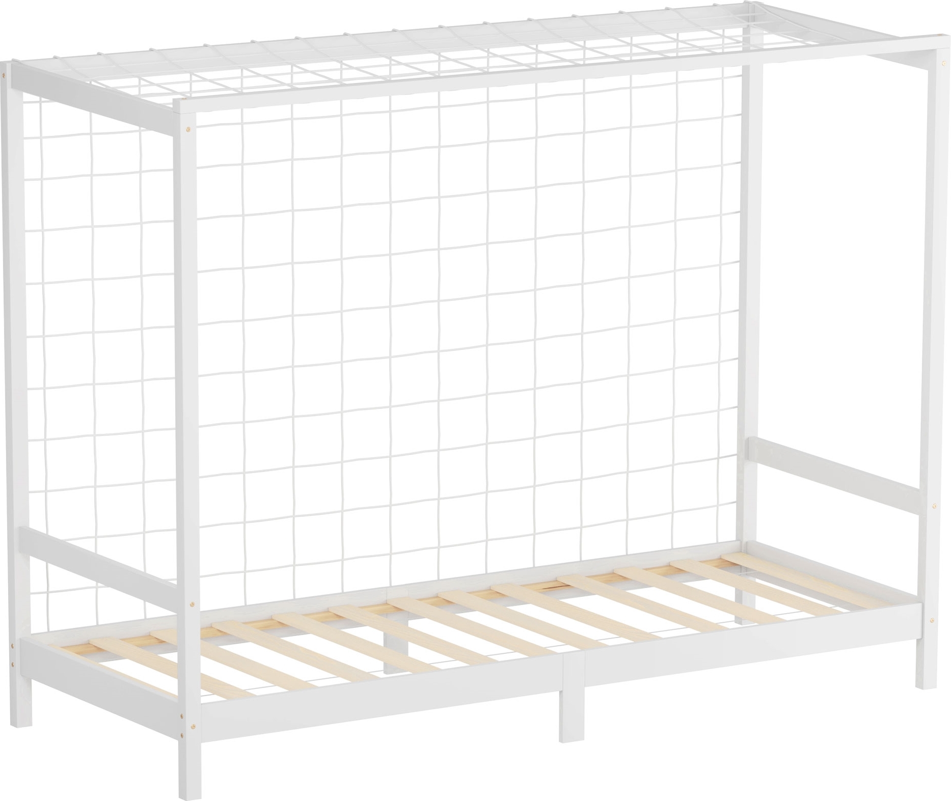 ML-Design Kinderbett Fußballtor 90x200 cm, Weiß, Einzelbett für Kinder, Holzbett mit Lattenrost & Tornetz, Jugendbett aus Kiefernholz, Handballtor 490016848