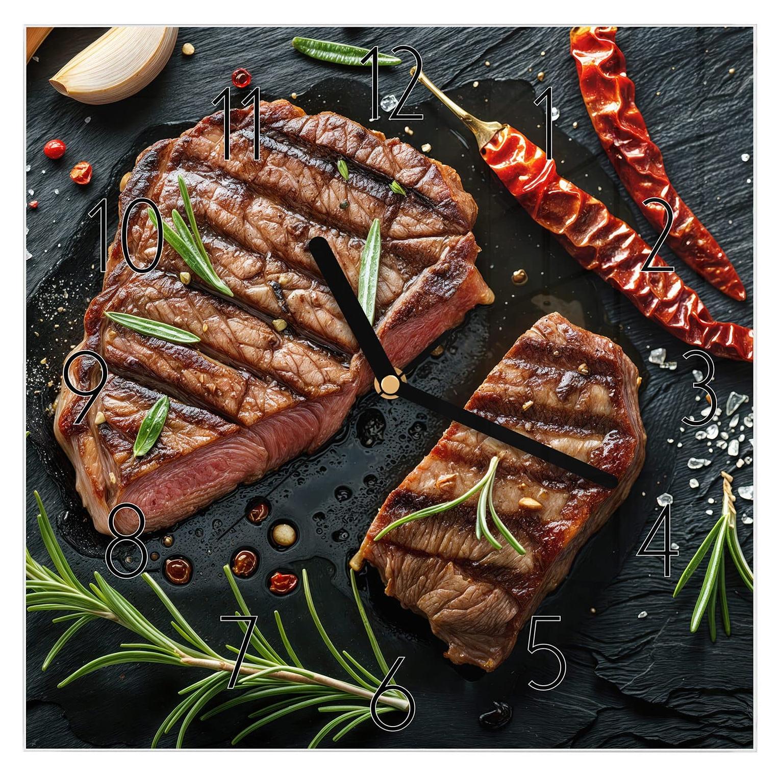 Primedeco Wanduhr aus Glas mit Motiv Gegrilltes Steak- 30 x 30 cm - inkl. Aufhängesystem