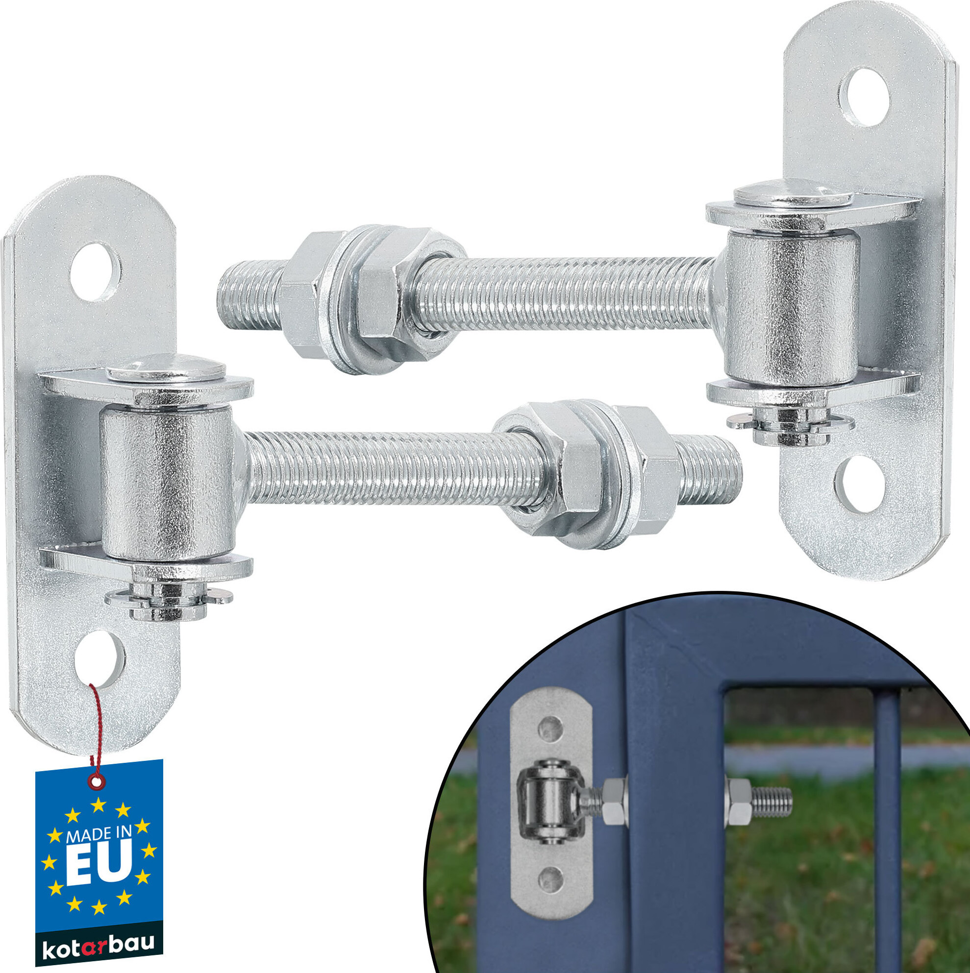 KOTARBAU® 2er Set Torangel - Einstellbar - 115 mm M12 - Scharniere für Gartentor - Stahl - Torband - mit Anschraubplatte - Schwerlastscharnier - Torbänder
