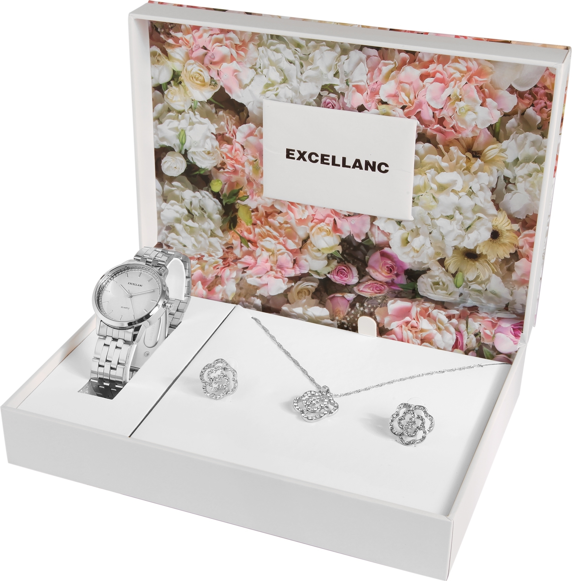 Excellanc Geschenkset mit Damenuhr, Halskette und Ohrsteckern