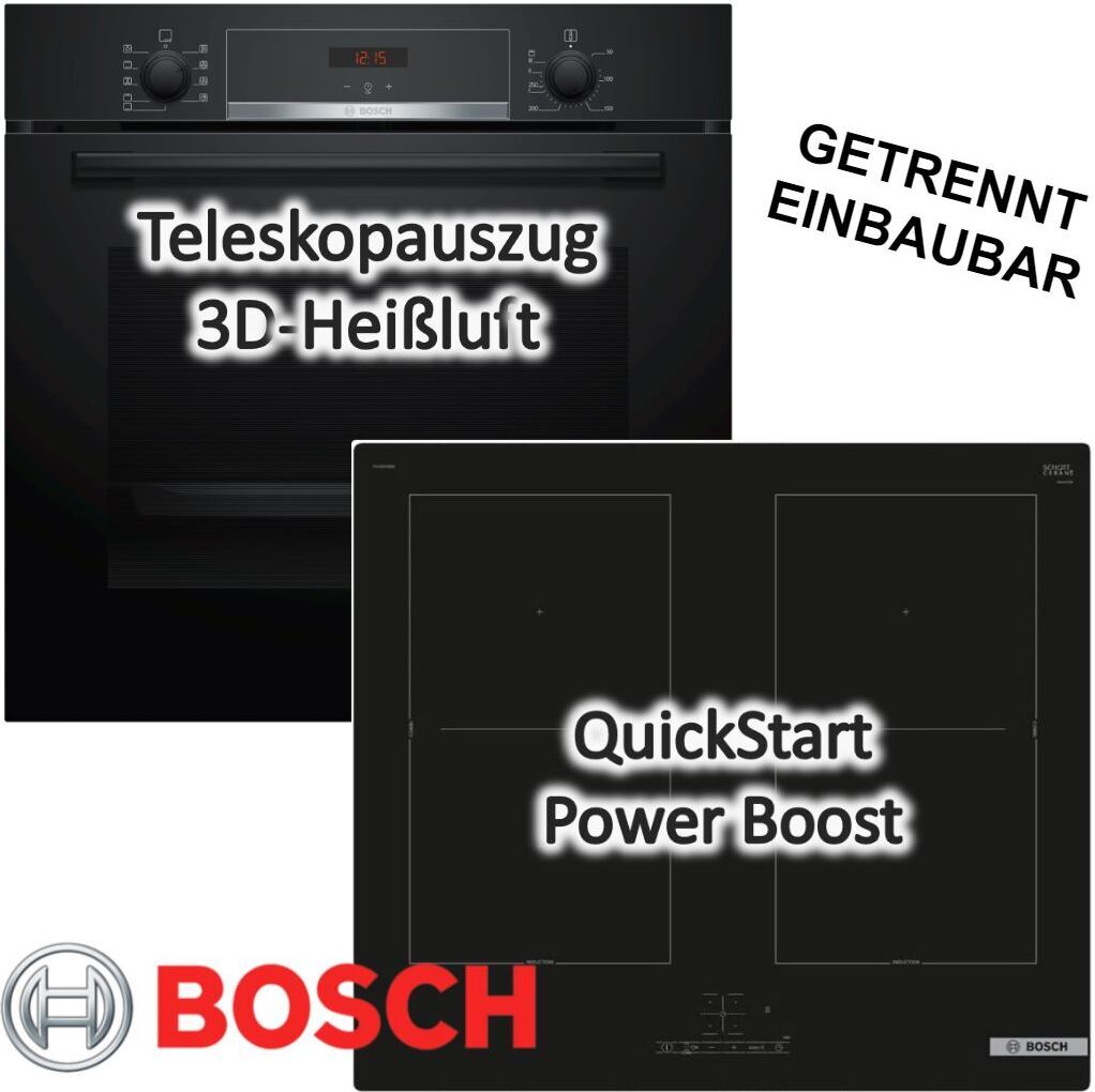Backofenset Bosch Backofen Induktionskochfeld autark Teleskopauszug 3D-Heißluft HBA534EB3+PVQ61RBB5E