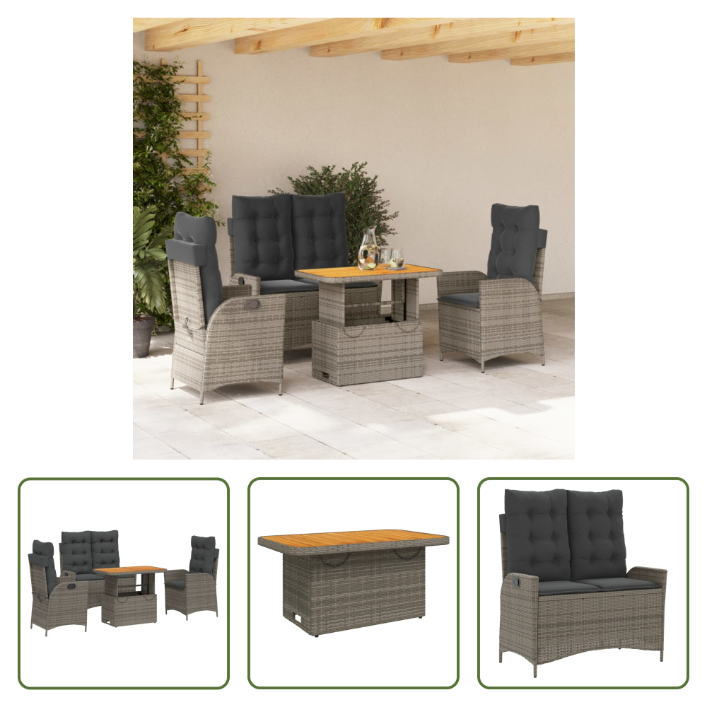 The Living Store 4-dielny záhradný jedálenský set s vankúšmi sivý polyratan