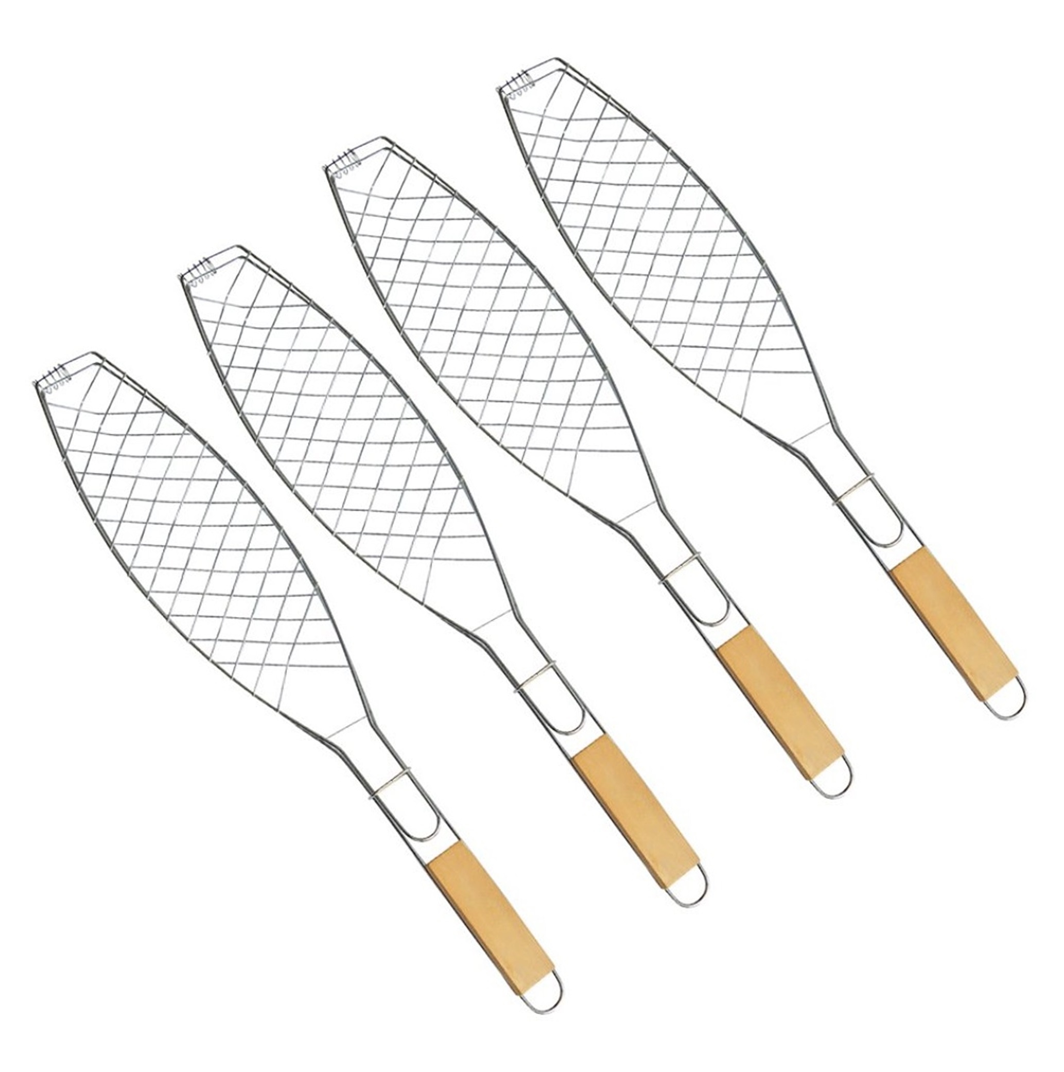 BAYLI 4er Set Fischbräter | 36 x 15 cm Fischgriller mit Holzgriff | Fischkorb für Grill | Fischhalter mit Klammer | Fisch-Grillzange für Gemüse, Garnelen | faltbare Fischzange | Grillzubehör - Fischgrill 4er Set - Fischgriller mit Holzgriff