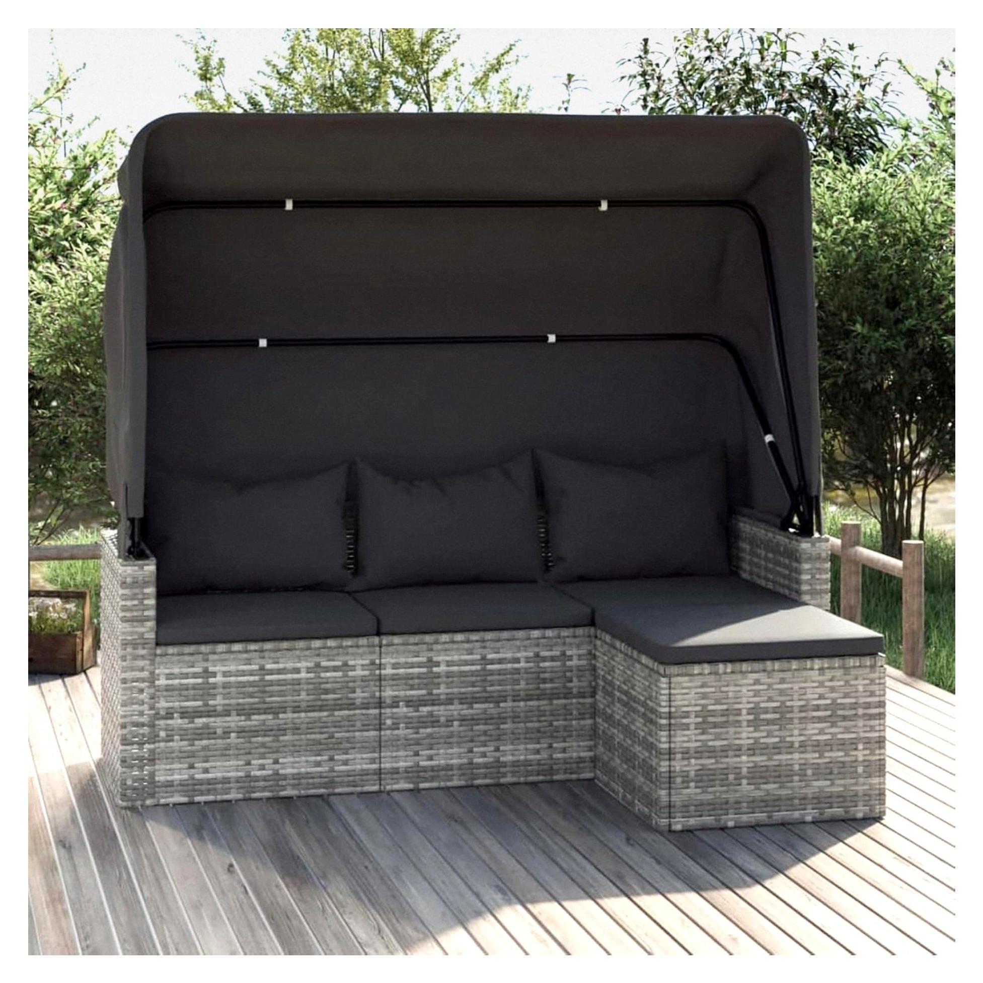 3-Sitzer-Gartensofa mit Dach und Fußhocker, Lounge Gartenmöbel, Gartenlounge, Loungemöbel, Balkon Lounge, Sitzecke Balkon, Sitzlounge Garten, Grau Poly Rattan
