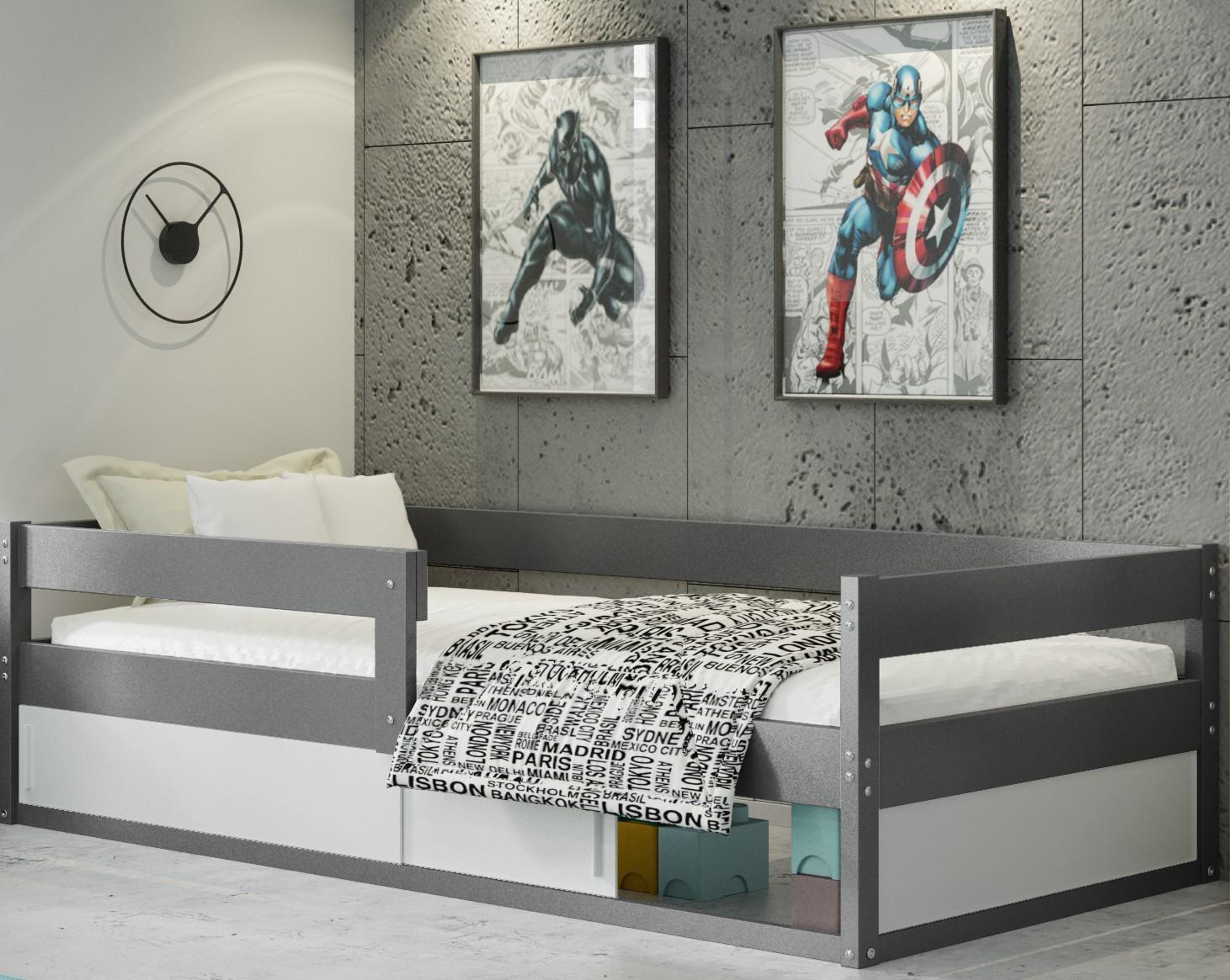 BMS Group Sawomir Pegza Interbeds Kinderbett Montessori Einzelbett 160x80cm Bodenbett Kiefernholz Naturholz mit Lattenrost und Rausfallschutz