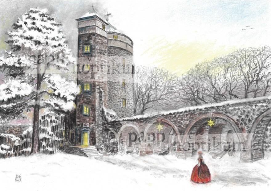 Mini adventný kalendár Hrad Stolpen Coselturm v retro štýle, 17 x 12 cm