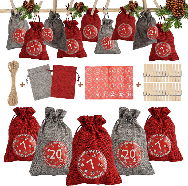 Yakimz 24 adventných kalendárov na plnenie, adventné vrecká na plátno s 1-24 vreckami z jutových vrecúšok, červené/sivé
