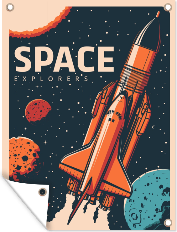 MuchoWow® 90x120 cm Outdoor-Poster Gartendeko Sichtschutz Garten Poster für den Garten Weltraumforscher - Rakete - Vintage - Weltraum 133|891507875