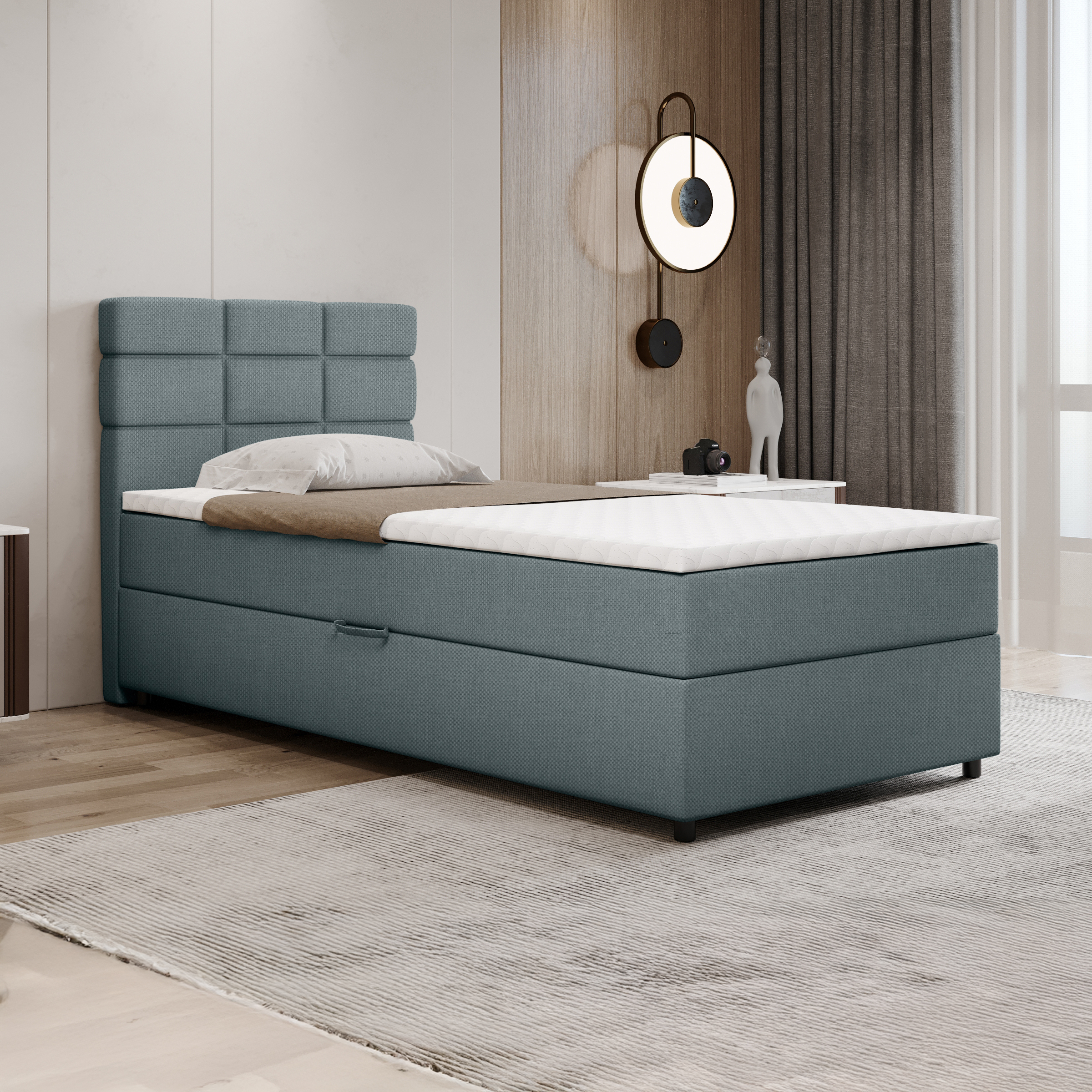 Boxspringbett 100x200, mit Bettkasten, Hellblau, Matratze und Topper, Einzelbett, REVE, Panda Möbel