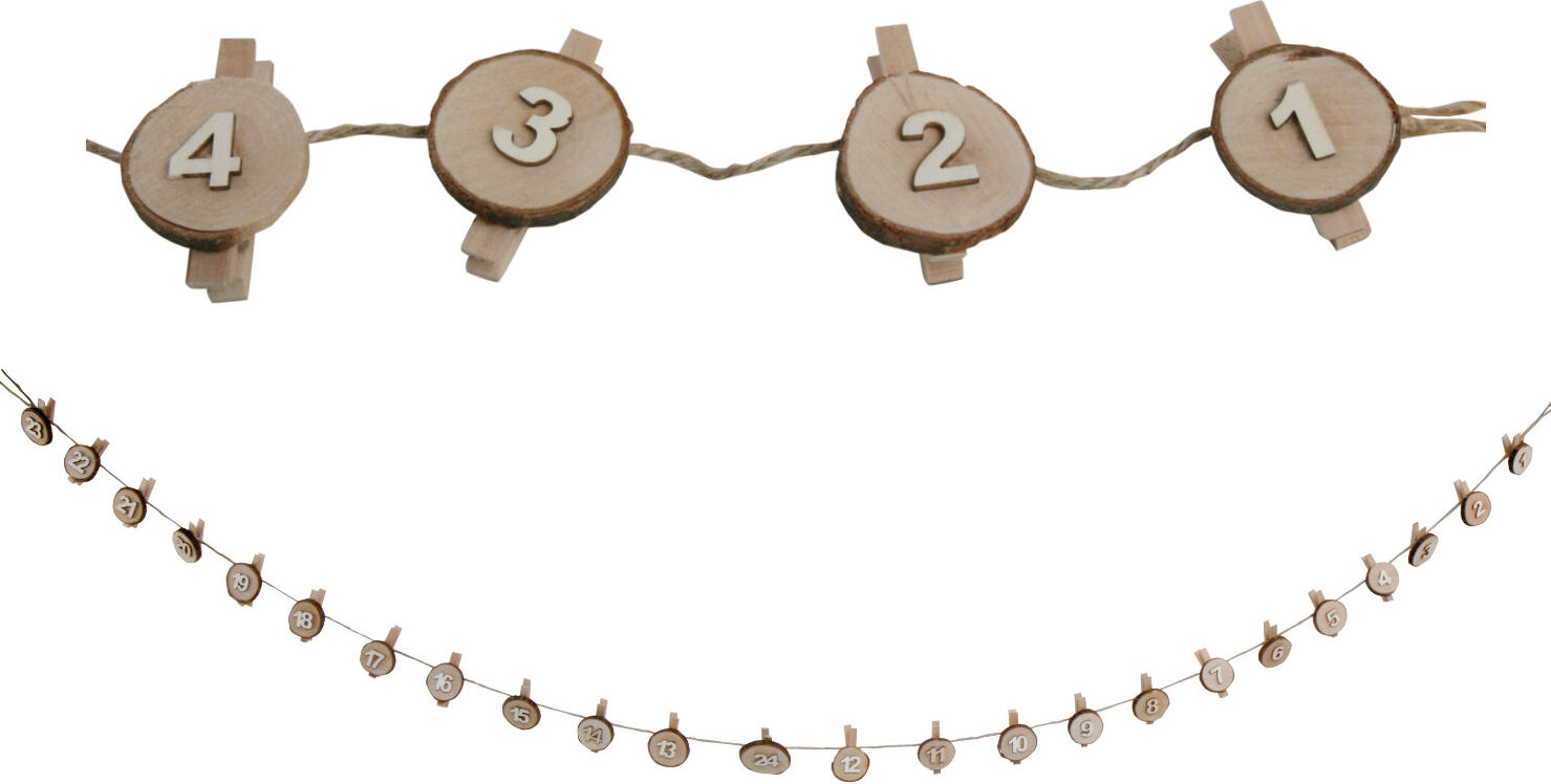 Kotúč s adventným kalendárom na klipe - 24 klipov z pravého dreva na šnúrke