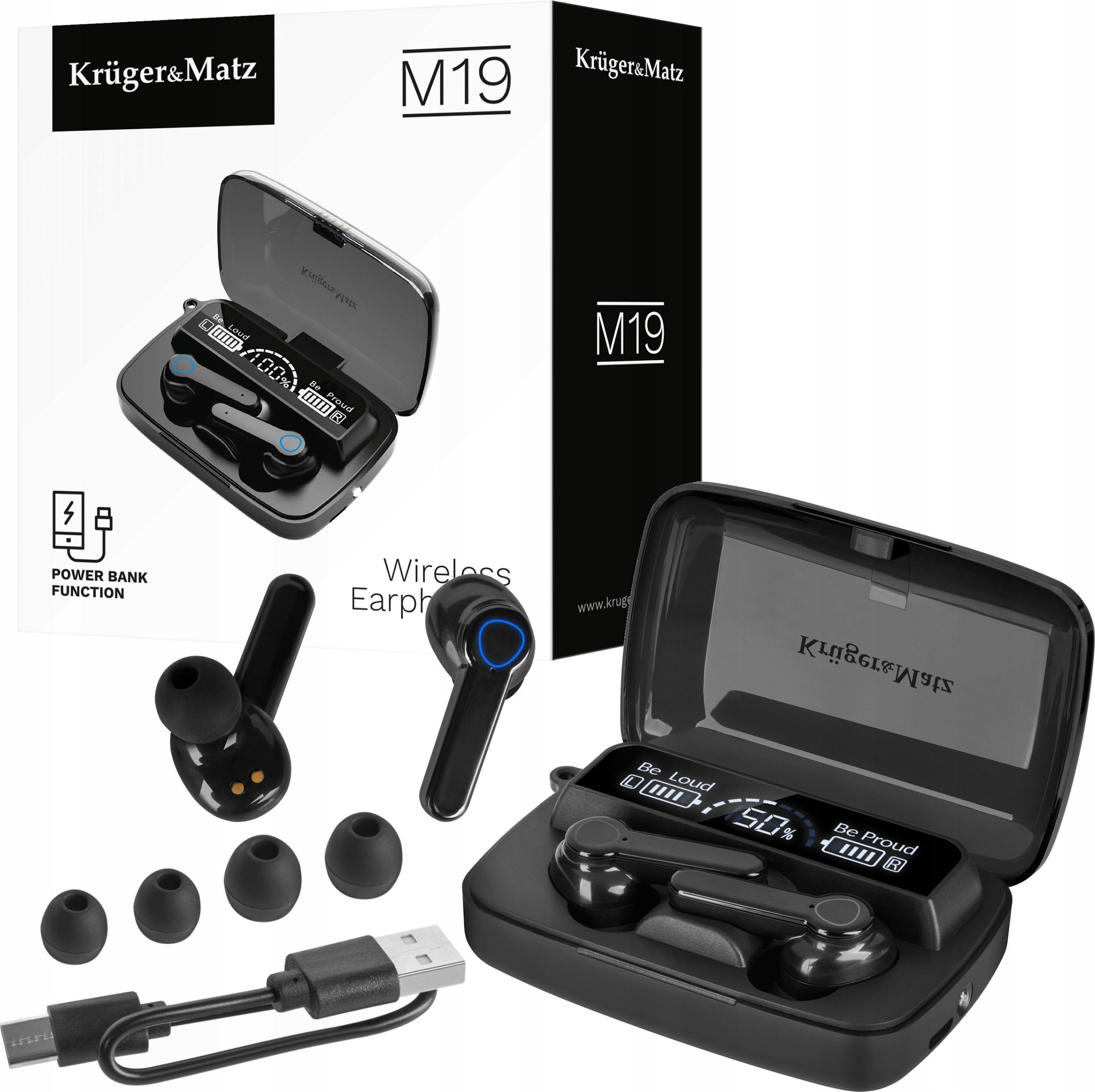 Kruger&Matz M19 Bluetooth 5.3 slúchadlá do uší s powerbankou, čierne