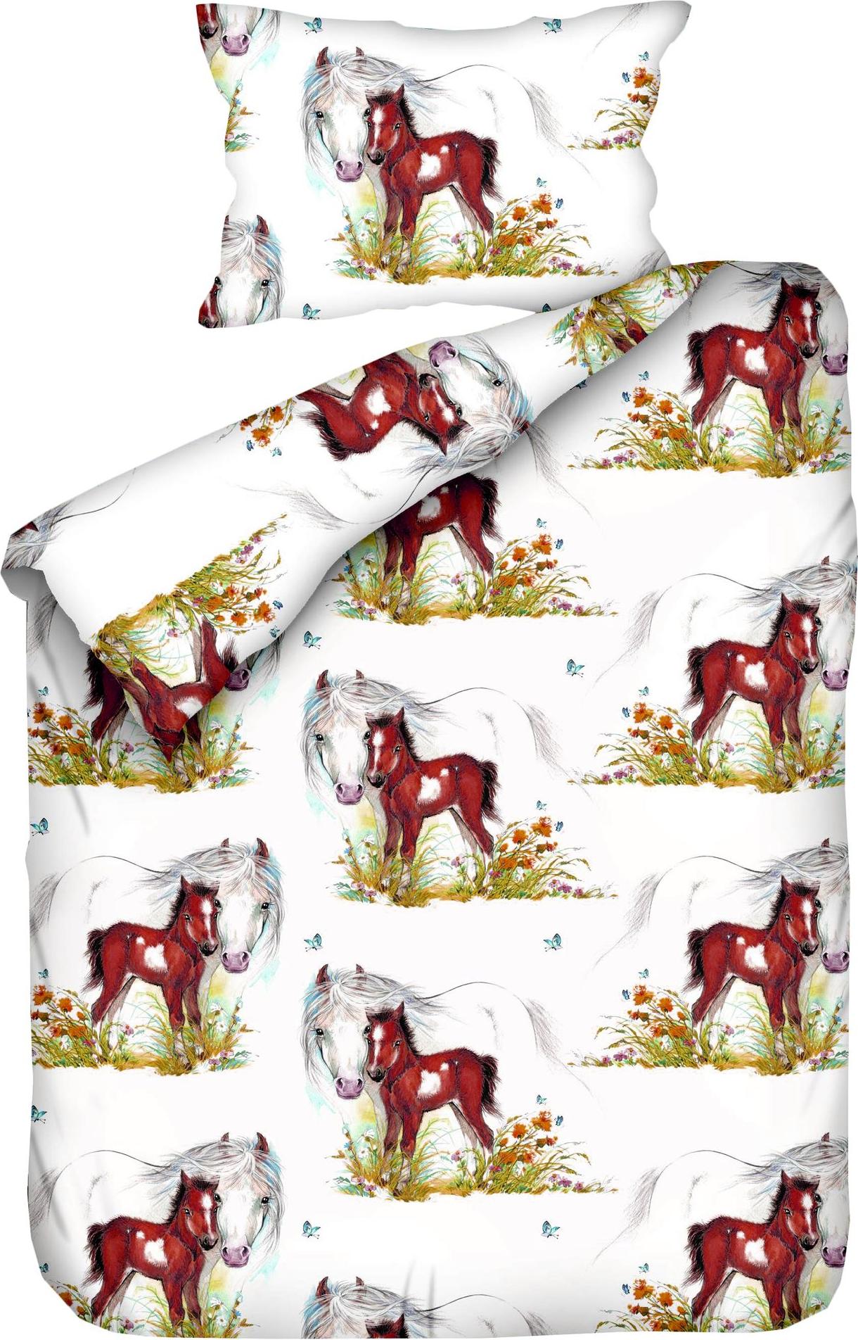 JACK Renforcé Baby Bettwäsche 2 tlg. 100x135cm Pferd Mama und Fohlen Bunt mit RV Pferd und Fohlen