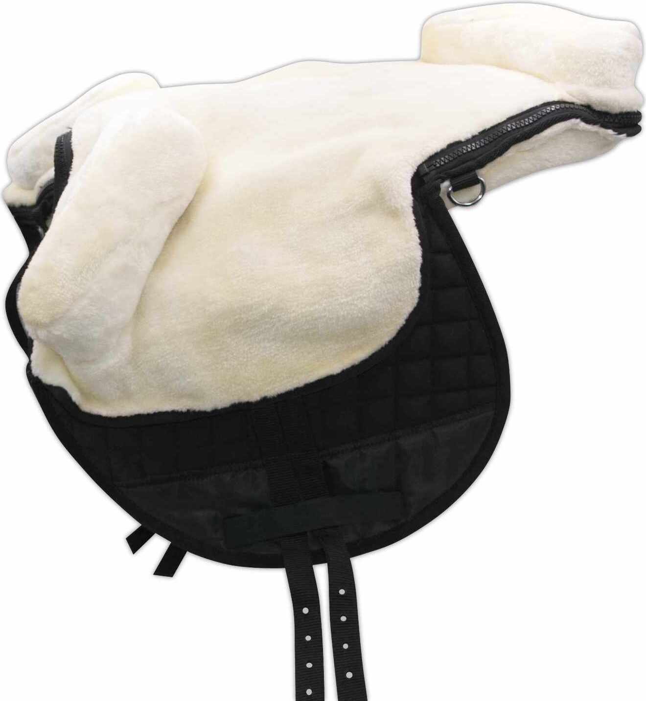 AMKA Reitsattel Kunstfellsattel Teddyfell baumloser Sattel Reitpad in Schwarz/Natur