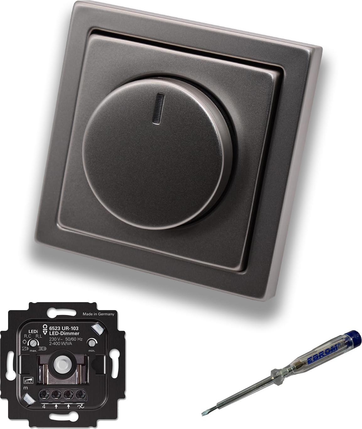 Busch Jäger 6523UR-103 LED-Drehdimmer LED-Dimmer mit Dimmerscheibe Zentralplatte 6540-866-102 Einfachrahmen in PUR Edelstahl inklusive EBROM Phasenprüfer z. Montage des Dimmers 6523 UR-103