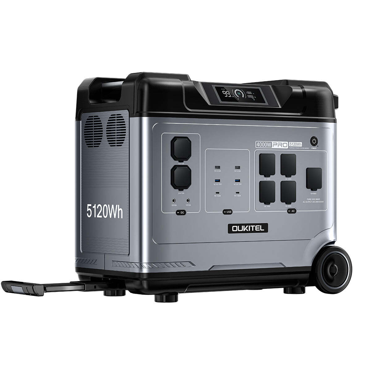 OUKITEL P5000 Pro generátor 4000W solárne úložisko 5120Wh LiFePO4 batéria, AC výstup, inteligentná regulácia teploty, ovládanie aplikáciou, s kolieskami