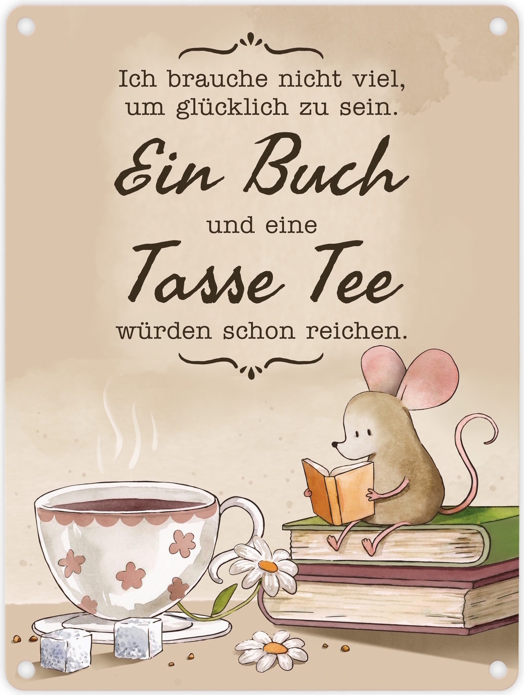 speecheese Maus mit Buch Metallschild in 15x20 cm mit Spruch Buch und Tee machen mich