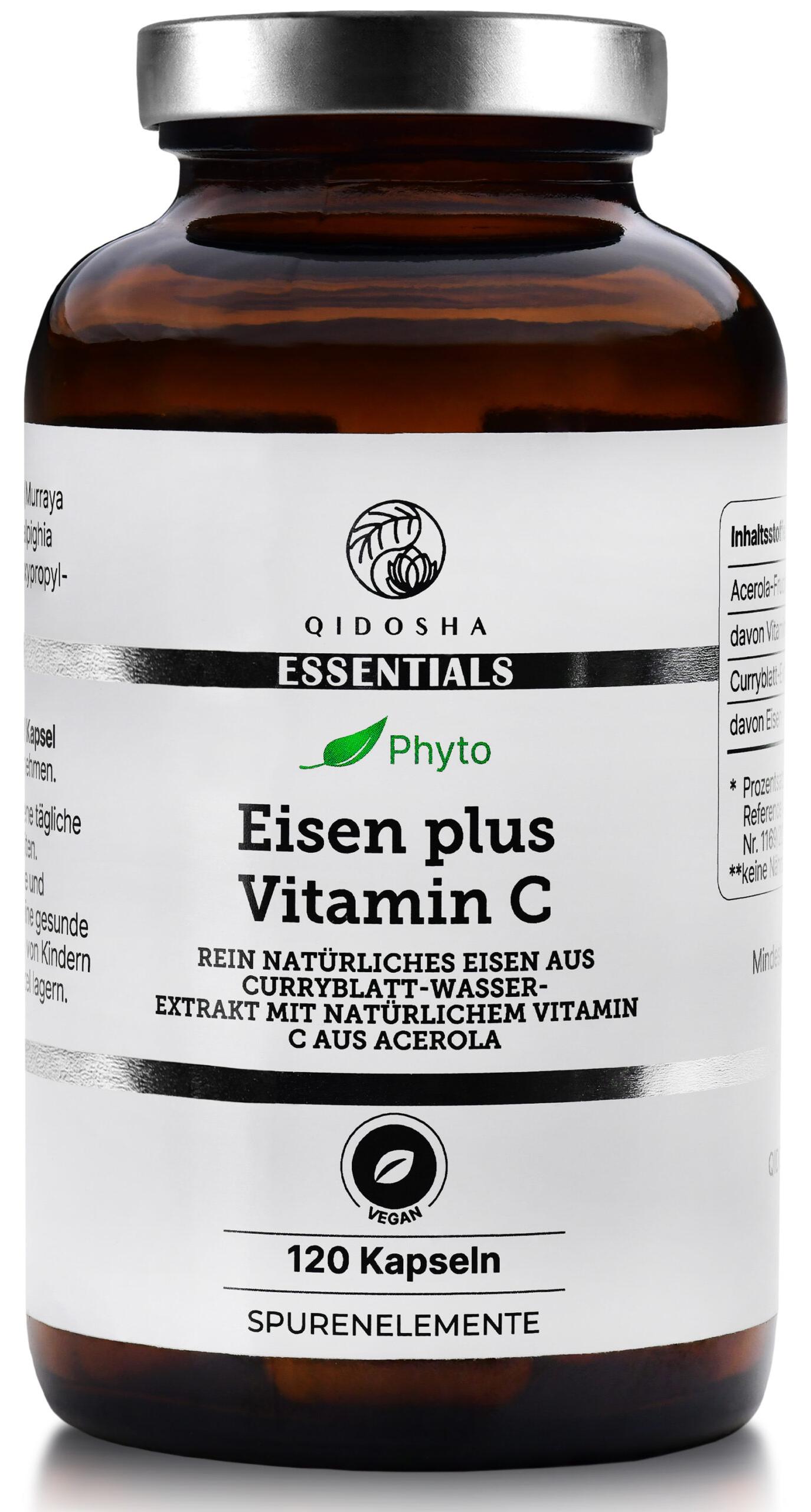 QIDOSHA pflanzliches Eisen plus Vitamin C Kapseln, 120 Stk im Glas, 14mg je Kapsel pflanzliches Eisen aus Curryblatt Extrakt QI0034-FBM