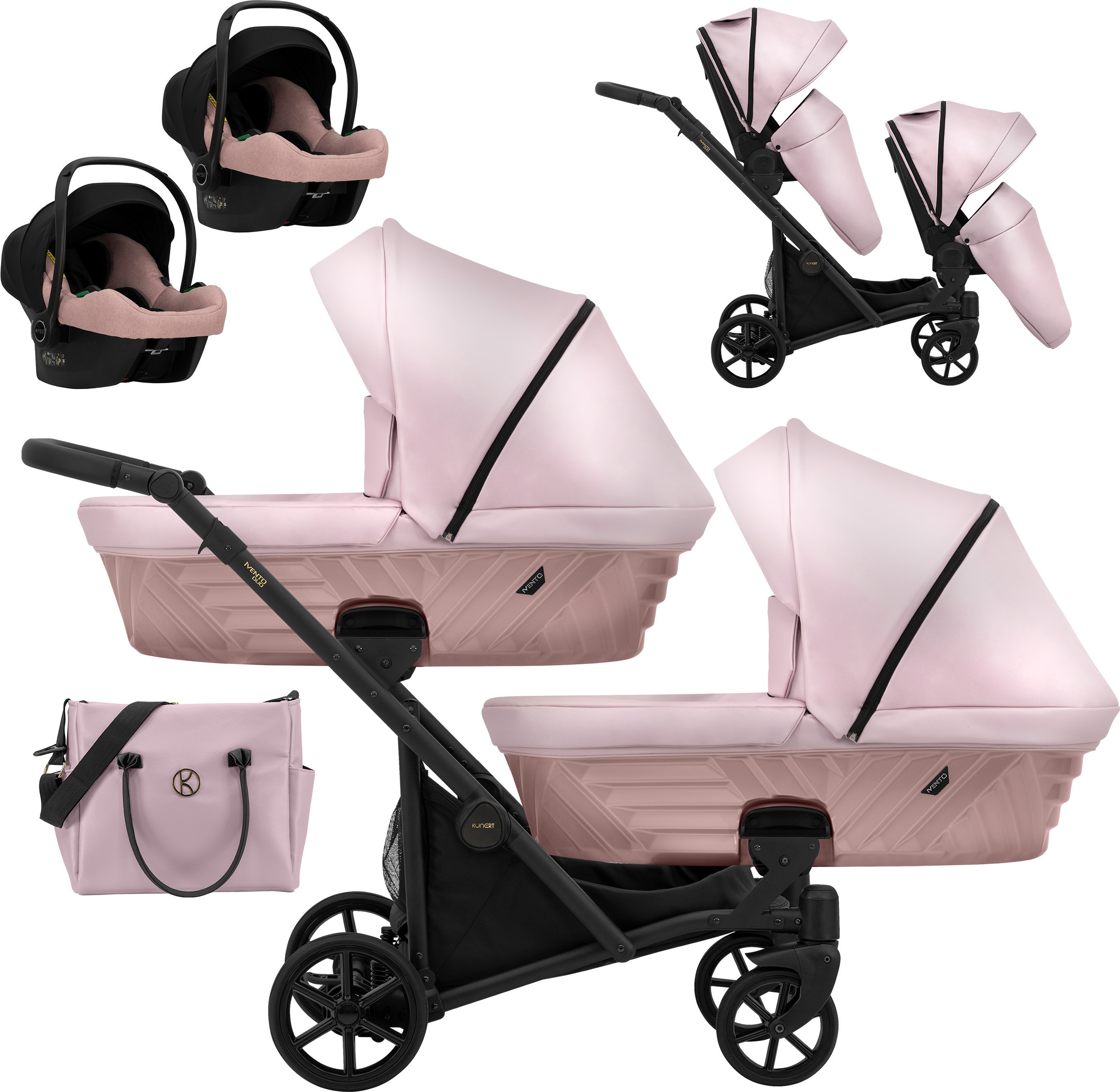 Kinderwagen IVENTO DUO 3 in 1 Komplettset Zwillingskinderwagen Geschwisterwagen Zwillingsbuggy Doppelkinderwagen (Pink Metalic, Rahmenfarbe: schwarz)