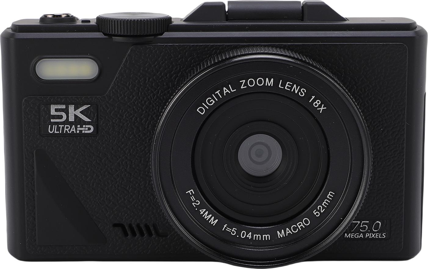 Kompaktná WiFi kamera Elprico s rozlíšením 75 MP, videom v rozlíšení 5K Ultra HD, automatickým zaostrovaním s umelou inteligenciou, detekciou úsmevu a 18-násobným digitálnym priblížením na cestovanie, vlogovanie a fotografovanie proti otrasom (čierna)