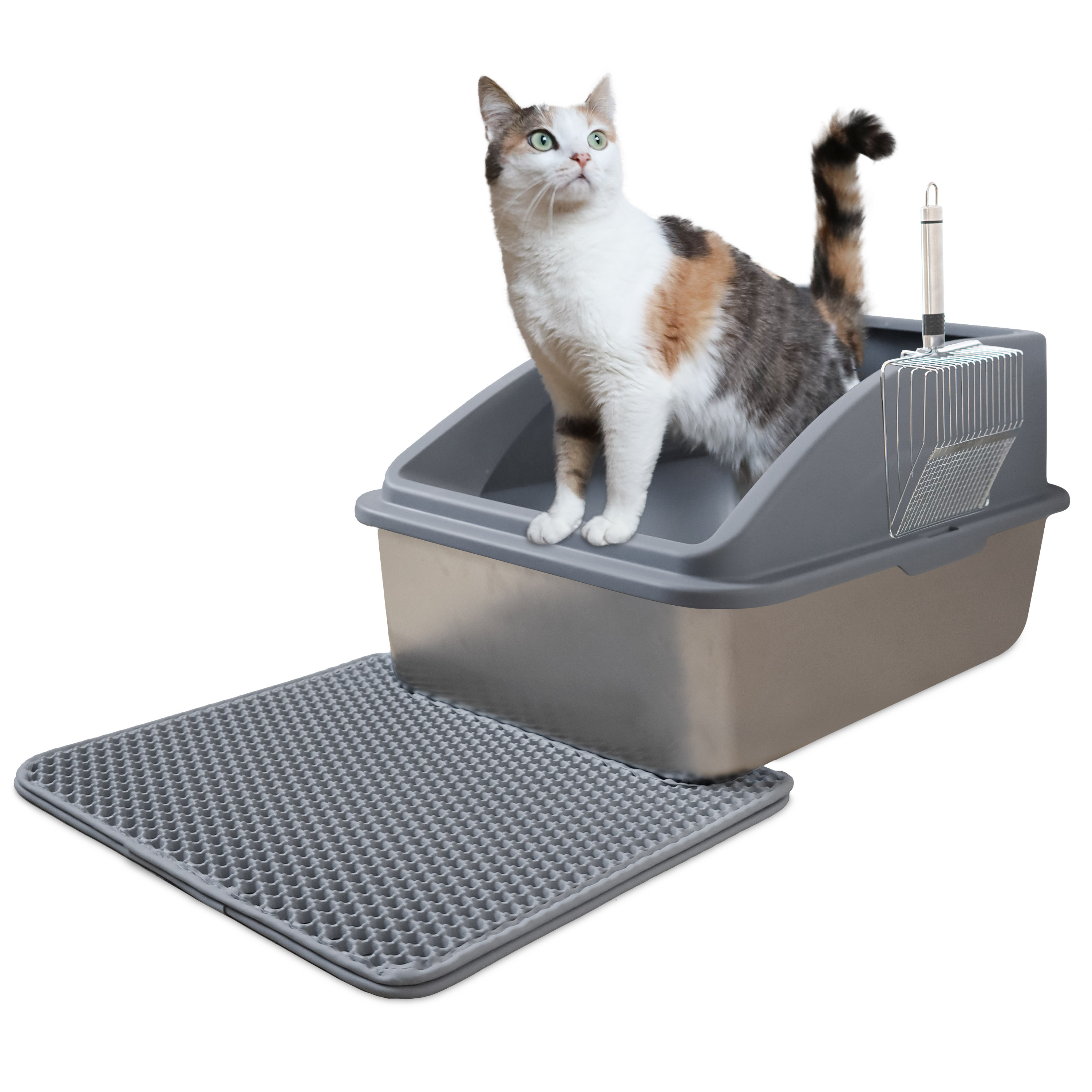 LINUMA® Katzentoilette Edelstahl, Katzenklo, Katzentoilette XXL, Katzenklo große Katzen, Katzenklo hoher Rand, Edelstahl Katzenklo XXL, Cat toilet mat 240020