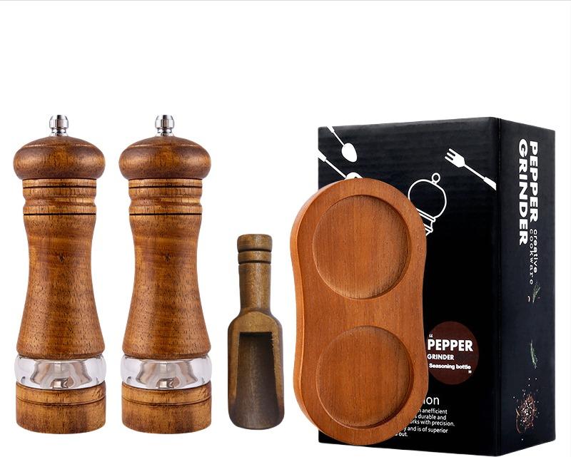 INF 2er Set Retro Pfeffermühle aus Holz mit Basis, Einstellbare Mahlgrade 388889