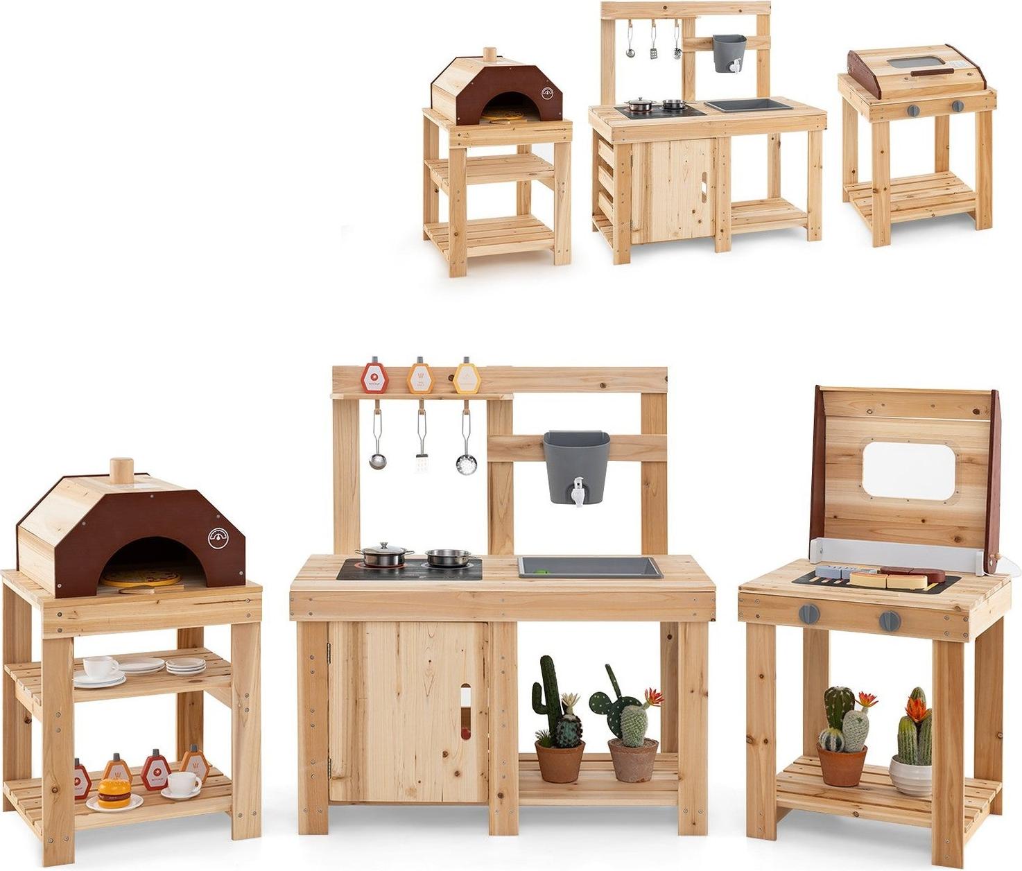 Spielküchen-Set aus Holz für draußen - Matschküche, Grill, Pizzaofen