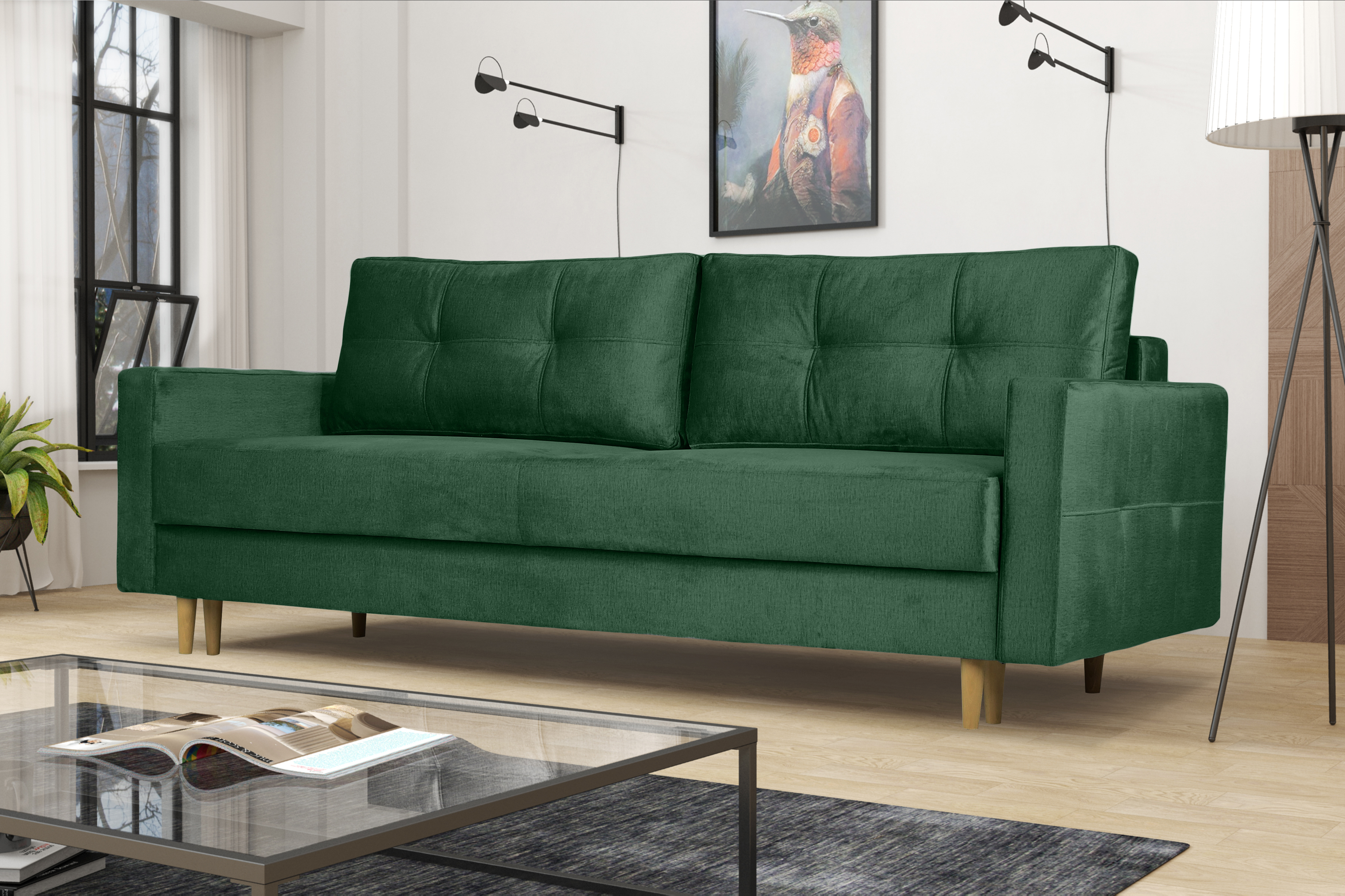Meblomania Sofa FLORO mit Schlaffunktion, Bettkasten, DL-Entfaltungssystem - Grün 06063