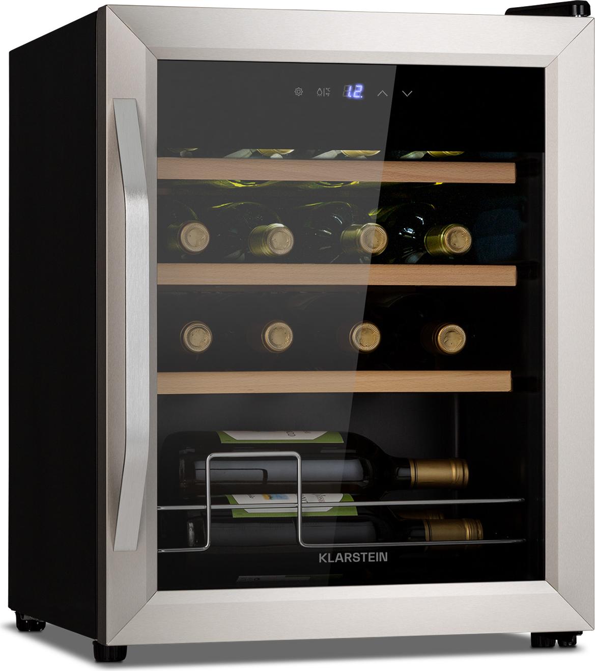 Klarstein Weinkühlschrank, Getränkekühlschrank Schmal, Kühlschrank mit Glastür, Getränkekühlschränke Freistehend, Weinkühlschrank Klein, Weinkühlschränke 1 Zone, UV-Schutz, 5-18 °C, 16 Flaschen 35