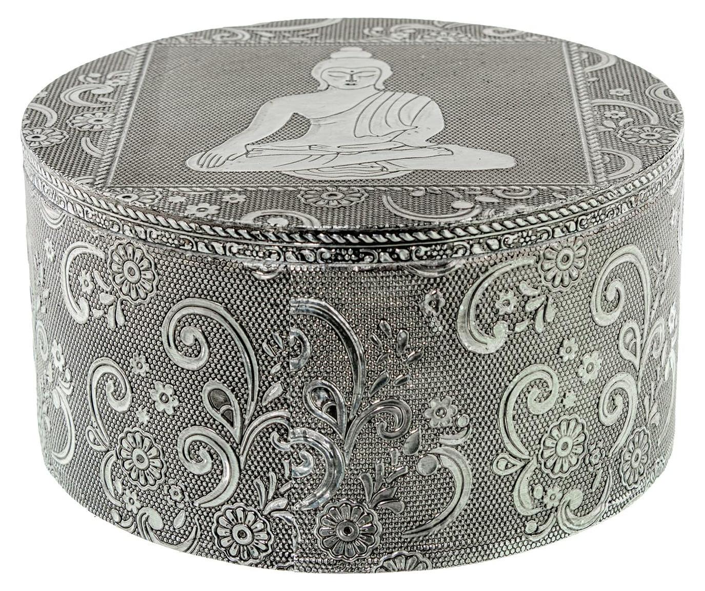 Dripio Schmuckdose rund, Metall, Buddha-Dekor, silber, 12x12x7 cm