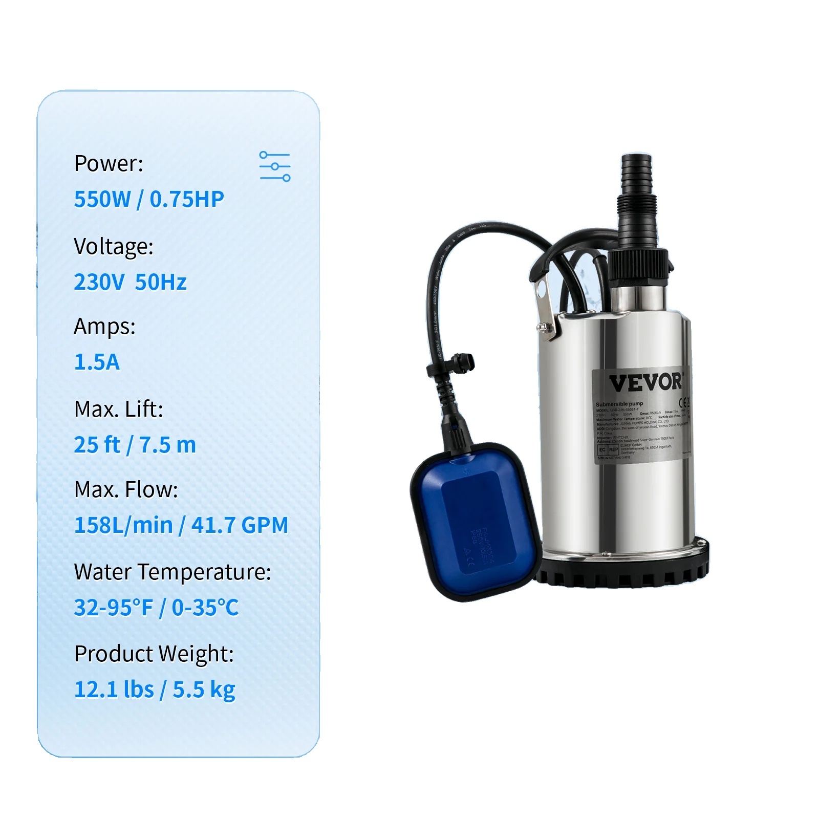 Čerpadlo na odpadovú vodu, ponorné čerpadlo, 550W - 2200W, 220V