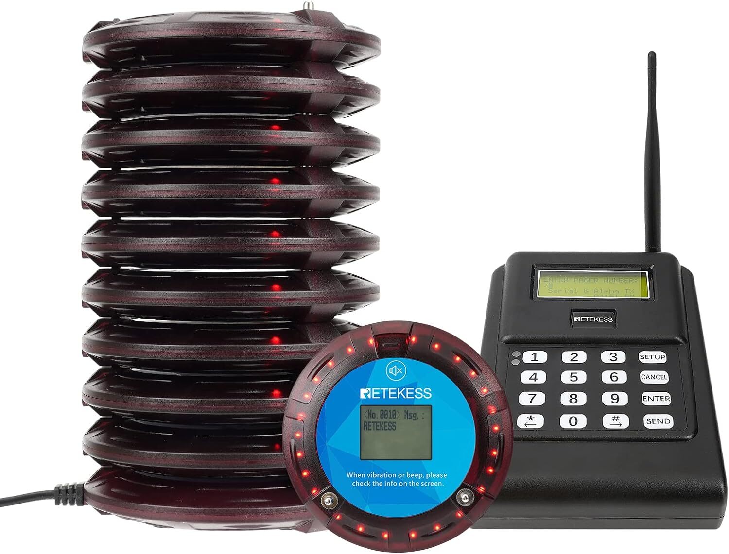 Retekess TD166 Pager Rufsystem, Kompatible Software, 5000M, Pager SMS, PC-Seitige Softwareeinstellung, 550mAh 20H Logistic Aufrufsystem, Fabrik EuF9628A