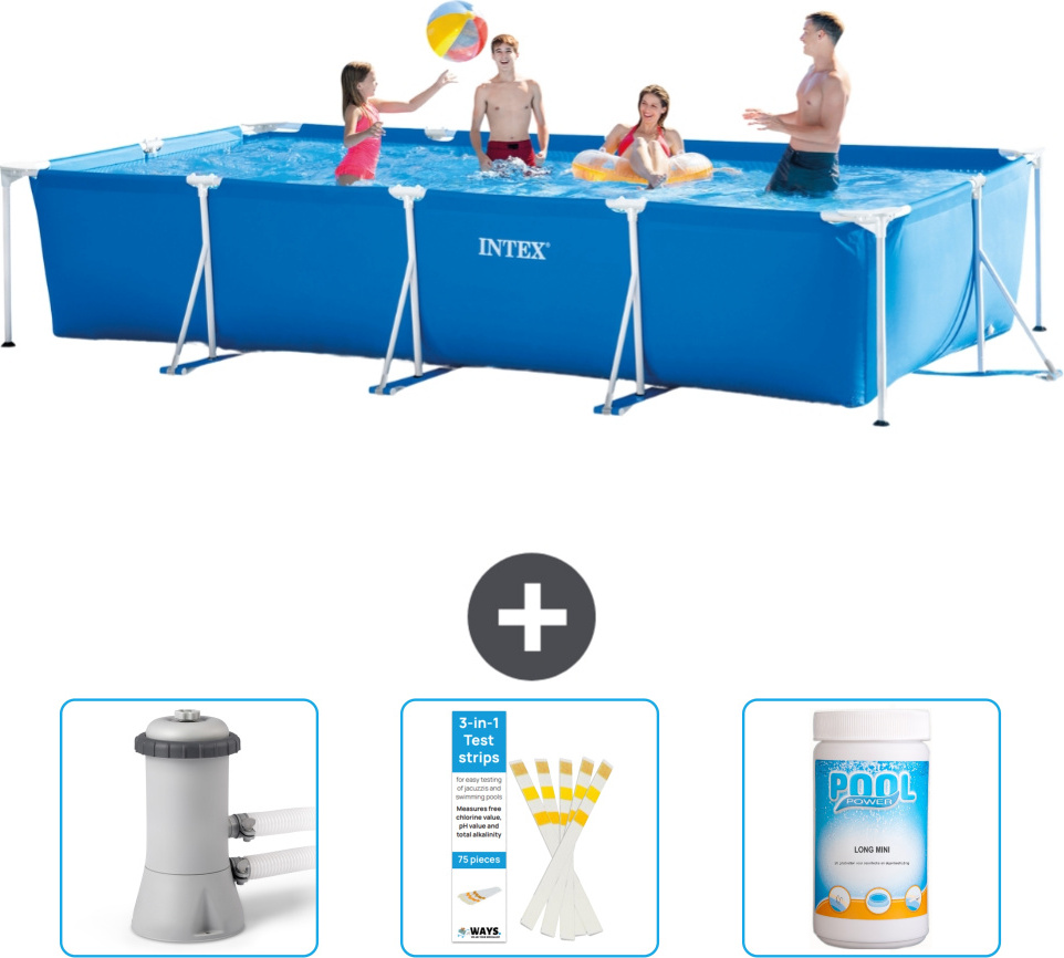 Bazén Intex s obdĺžnikovým rámom - 450 x 220 x 84 cm - Modrý - Súčasťou dodávky je filtračné čerpadlo pre bazén - Testovacie prúžky - Chlór
