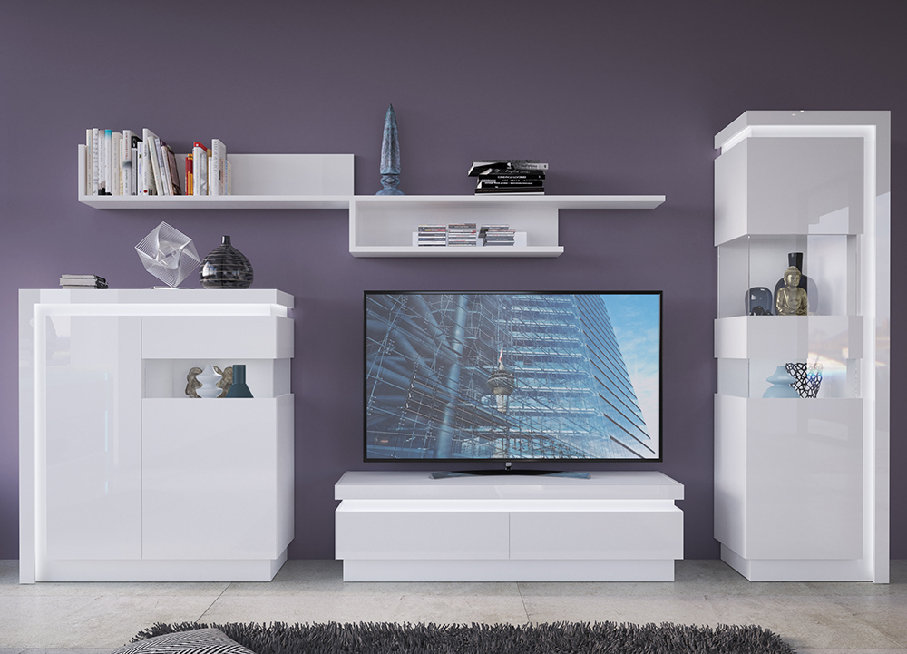 Lomadox Wohnwand Set mit Beleuchtung in Hochglanz weiß LYNDHURST-129, B/H/T ca. 345/198,5/42 cm LYNDHURST-129-SET54