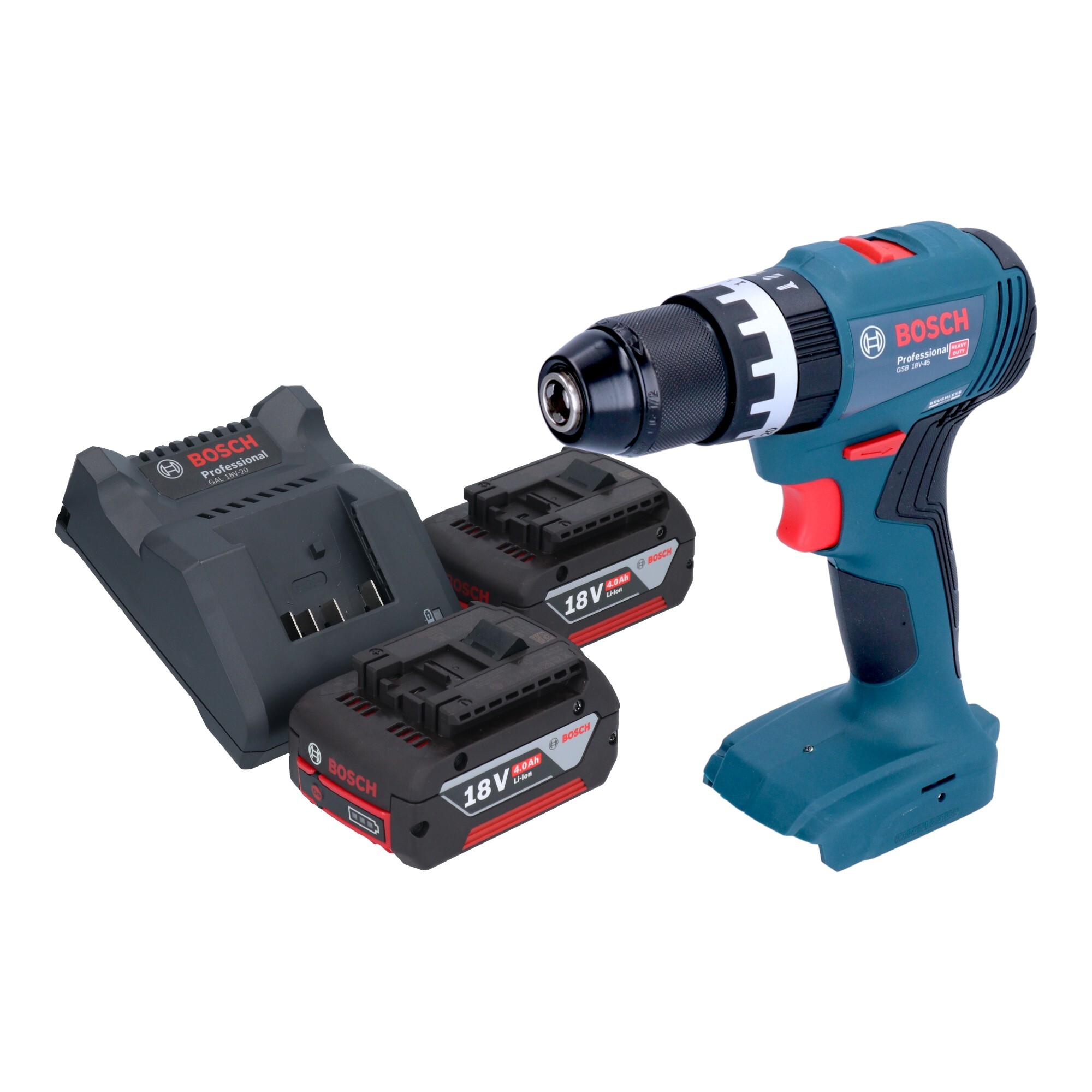 Bosch GSB 18V-45 Profesionálna akumulátorová príklepová vŕtačka 18 V 45 Nm bez kefiek + 2x akumulátor 4,0 Ah + nabíjačka