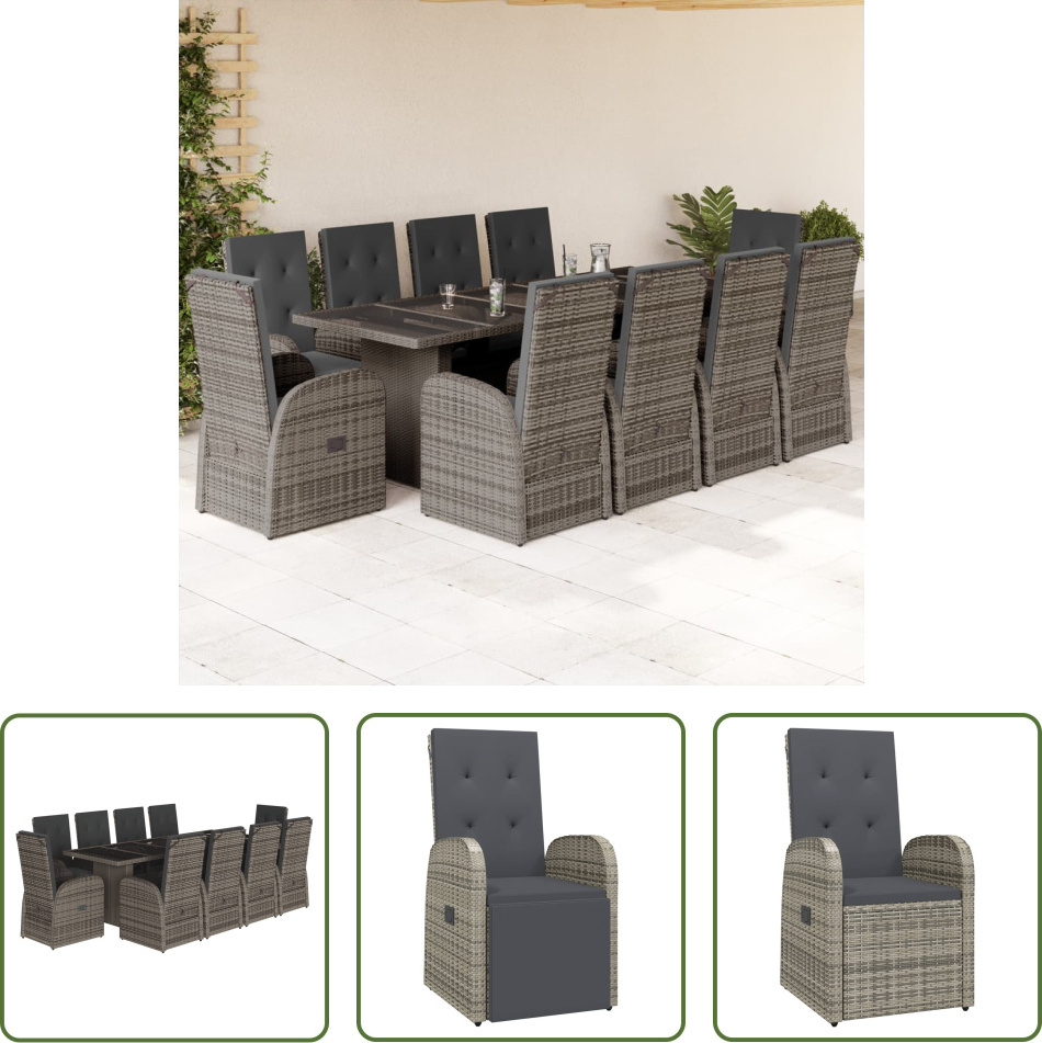 The Living Store 11-dielny záhradný jedálenský set s vankúšmi sivý polyratan