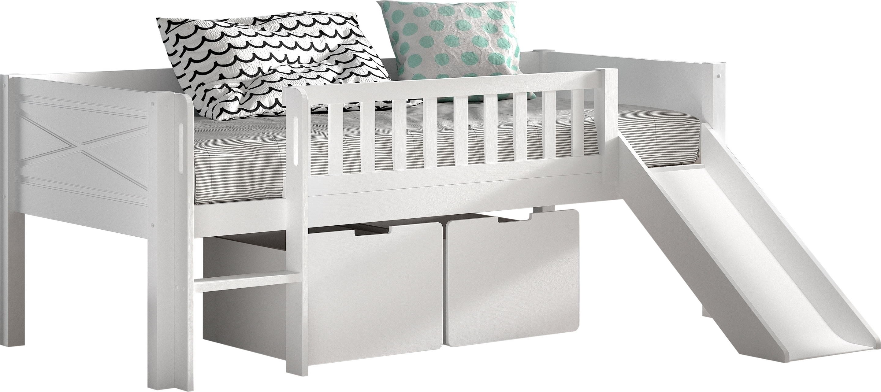 Spielbett >Scott< Rollrost, Rutsche, 90x200cm, Weiß, Massivholz - 208x83x175cm (BxHxT)