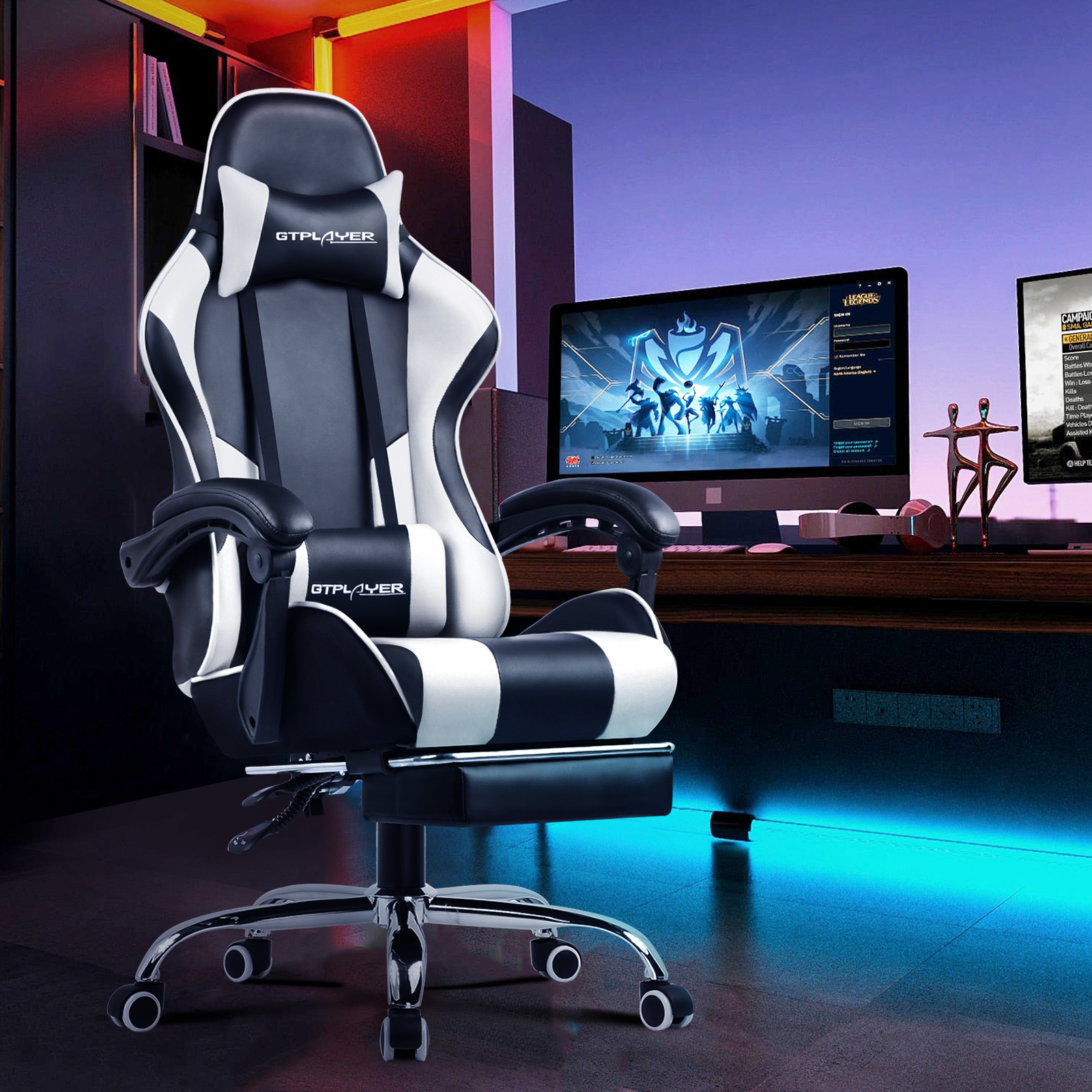 GTPLAYER Herné kreslo s opierkou na nohy a masážnym bedrovým vankúšom Kancelárske kreslo pre hráčov Ergonomické hráčske kreslo s pripojiteľnými podrúčkami s nosnosťou do 150 kg BIELA