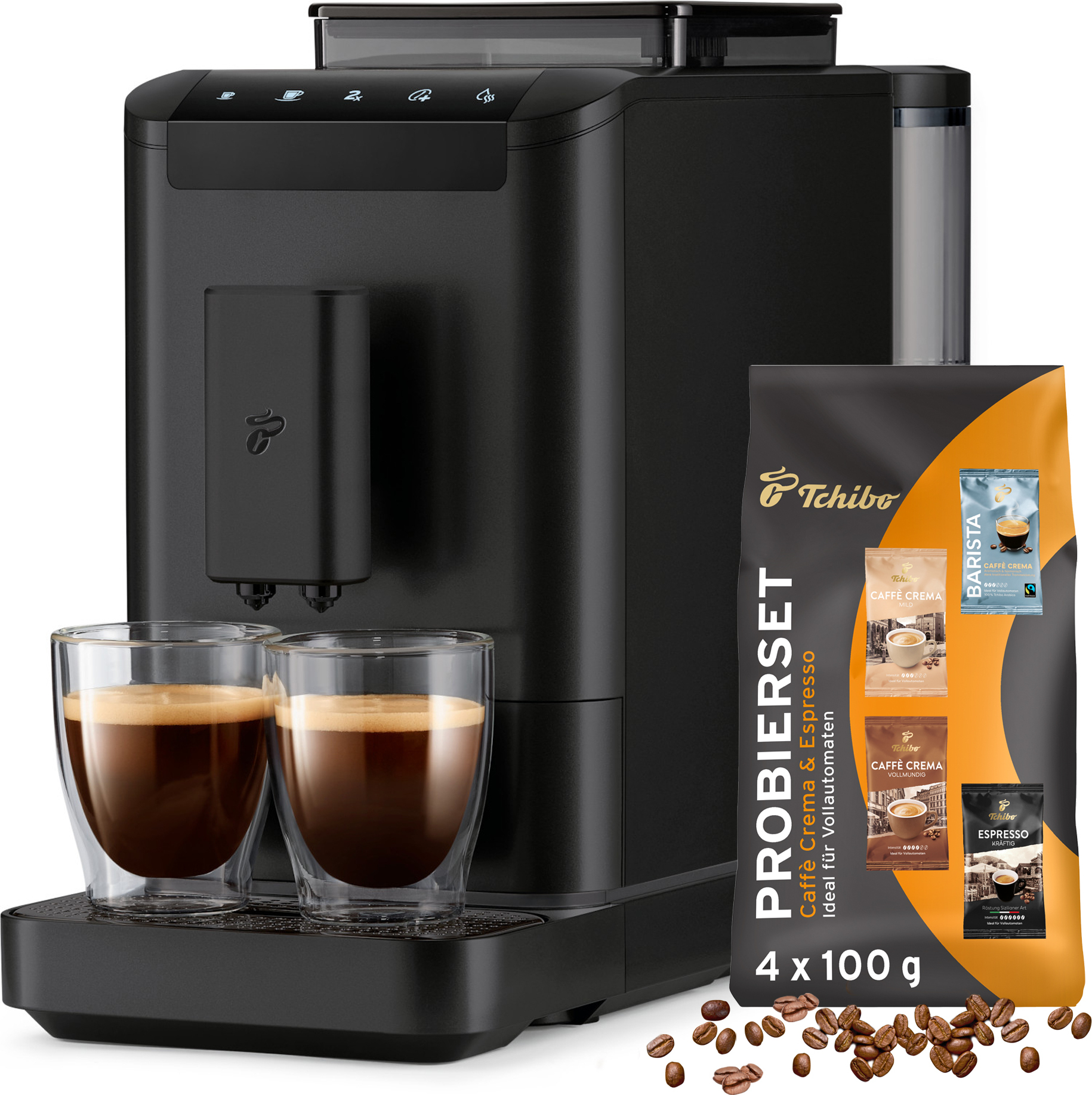 Plnoautomatický kávovar Tchibo Esperto2 Caffé Espresso a Caffè Crema - s funkciou 2 šálky, kávovar s dotykovým displejom a priamou voľbou, nastaviteľná sila kávy, limitovaná edícia, celý čierny