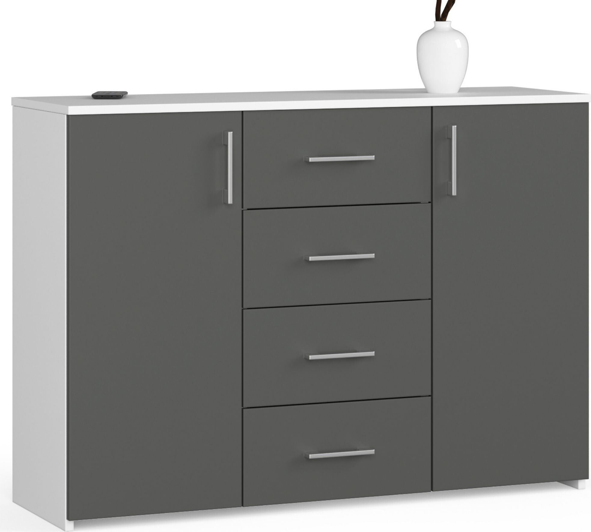 Kommode AKORD K45 Weiß 110 cm 2 Türen 4 Schubladen 4 Ebenen Front Graphitgrau B110 x H80 x T35 cm KOMMK45WEISSGRAPHPK