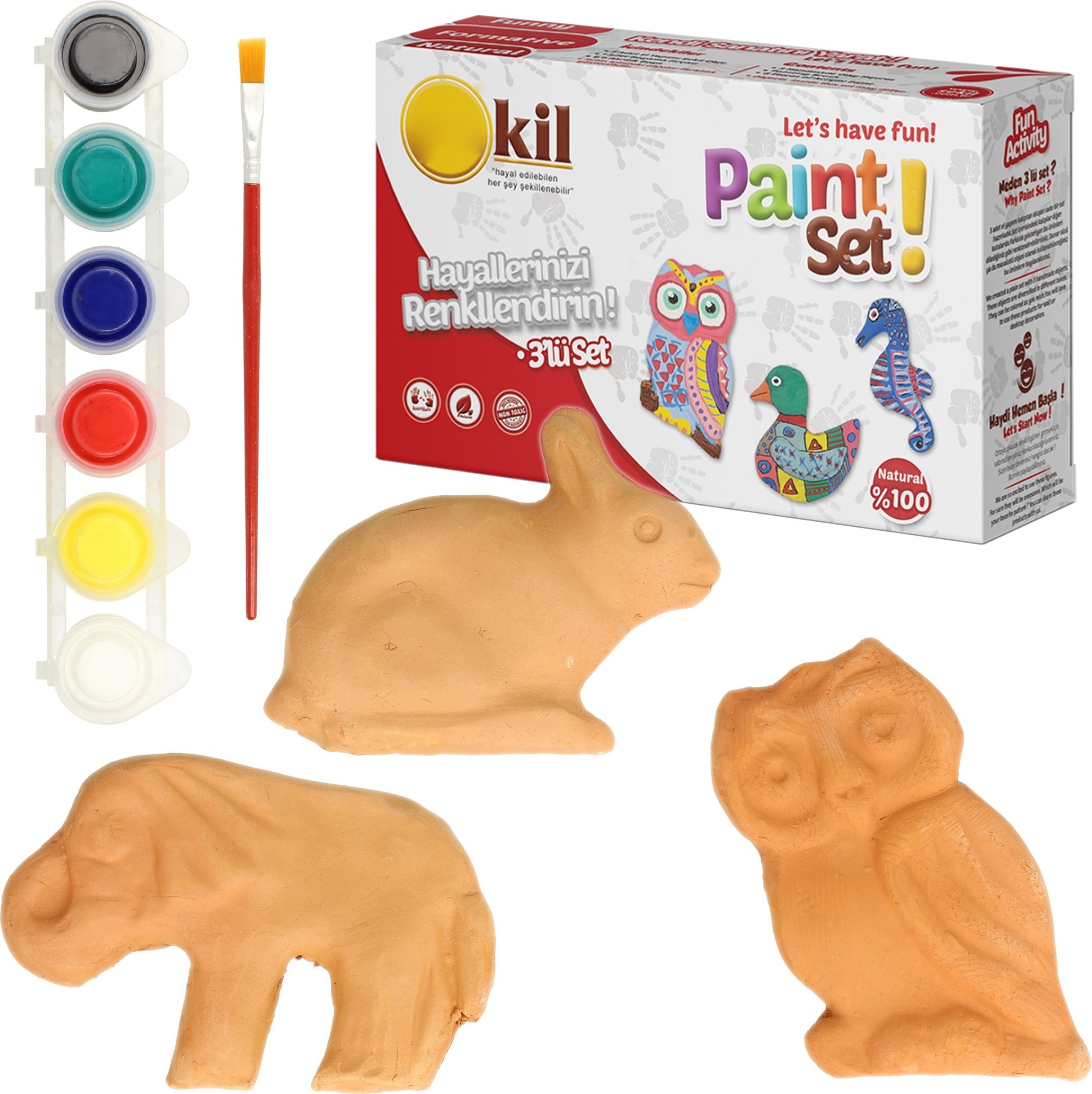 Minadax Handgefertigtes Mal-Set zum Selbergestalten 3 Ton-Figuren, Malpinsel & 6 Acrylfarben – Ideal für Kinder & Gruppenaktivitäten