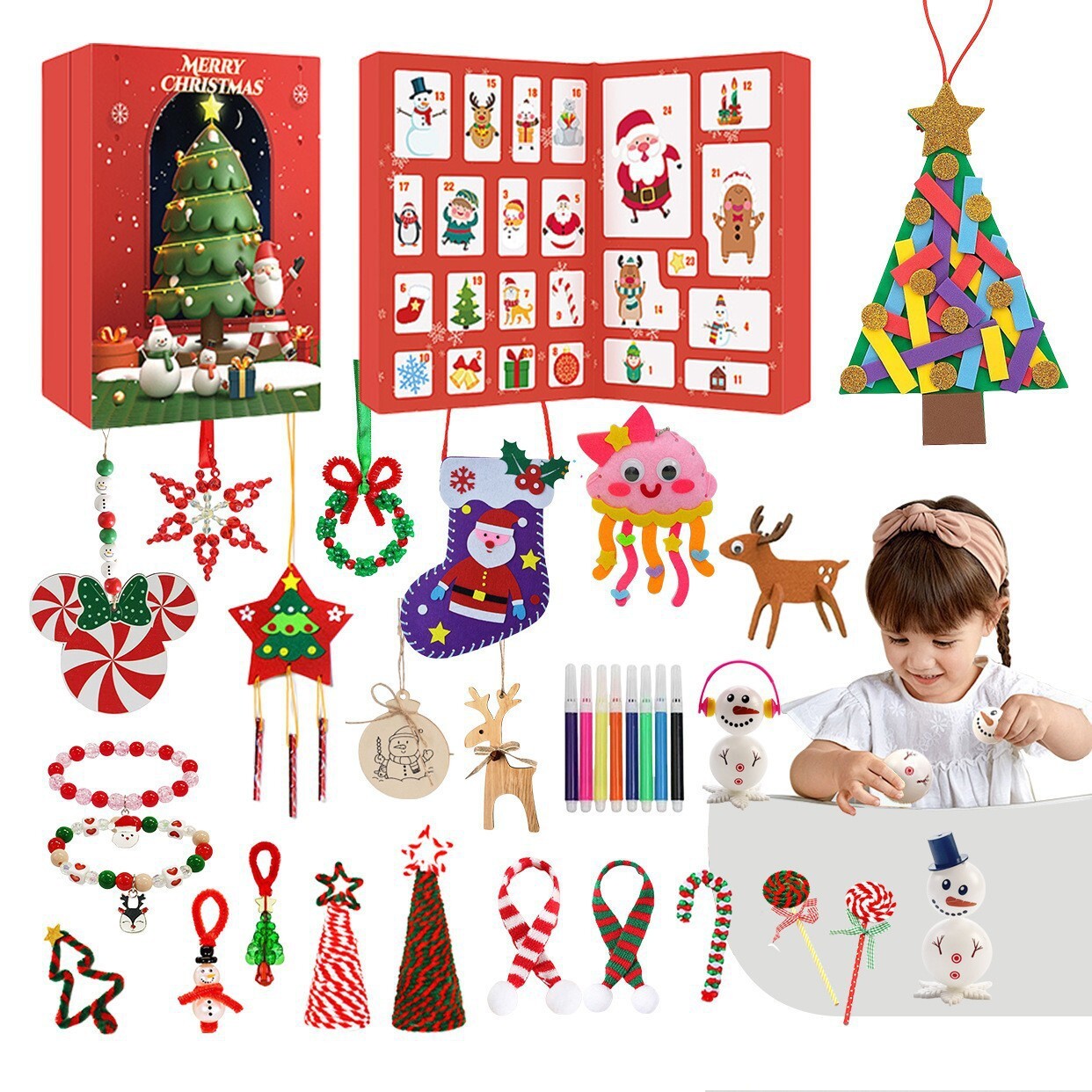 MCBOSON Adventný kalendár Vianočný ručne vyrobený slepý box DIY Sada slepých boxov pre deti Vianočný darček, červený