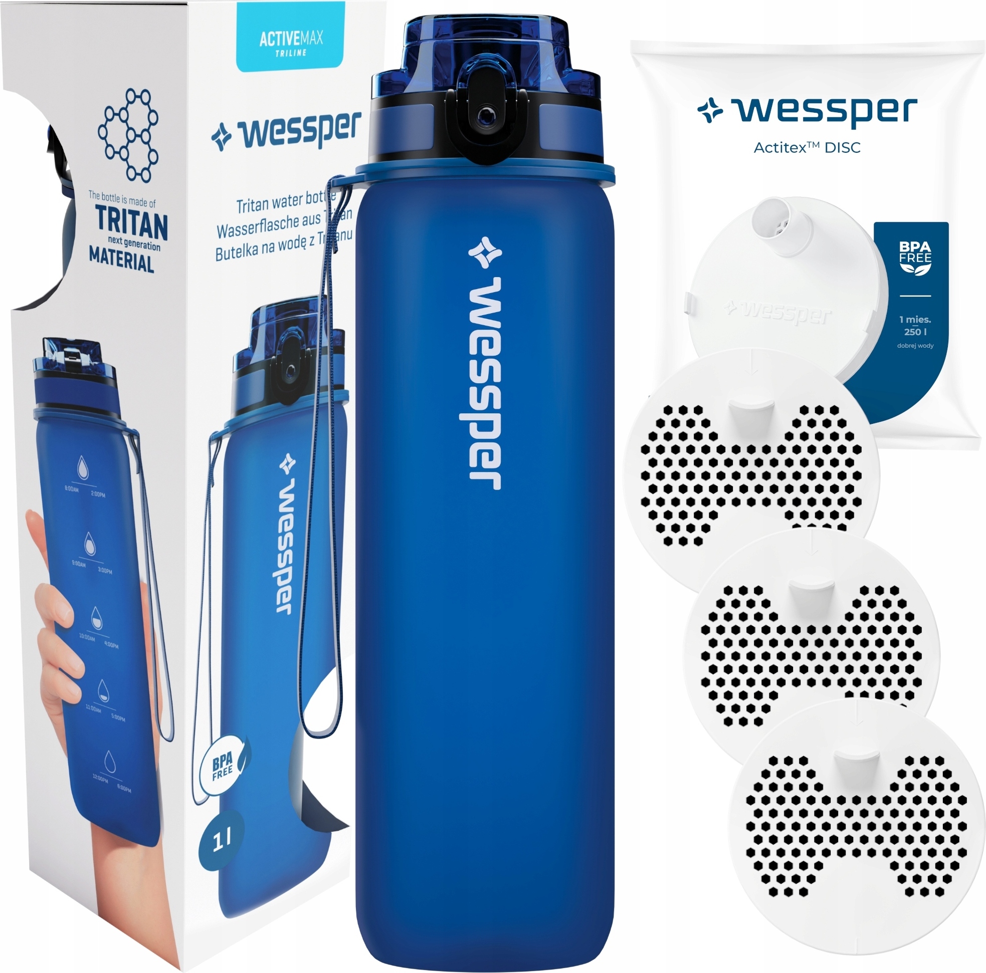 Wessper 1l Tritan Bidon Filtration Incentive Flasche + 3x Wasserfilter BELLA-J-0811