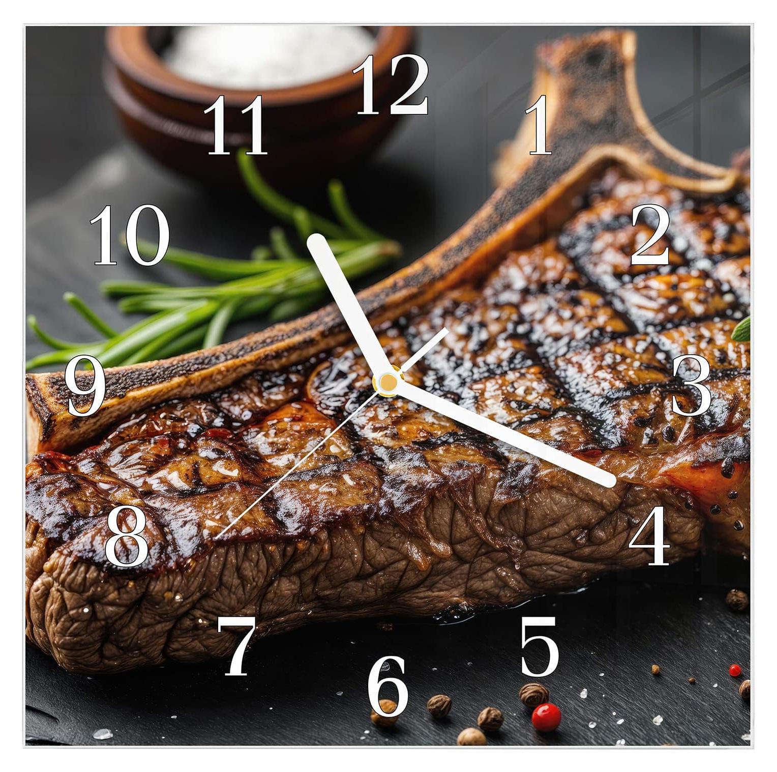 Primedeco Wanduhr aus Glas mit Motiv Gegrilltes Steak- 30 x 30 cm - inkl. Aufhängesystem