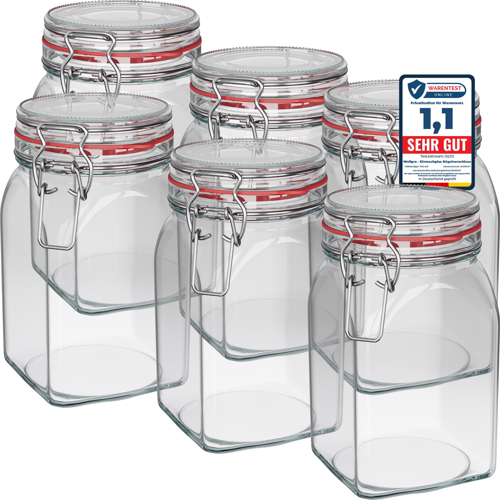 WELLGRO Einmachgläser mit Bügelverschluss eckig 1150ml