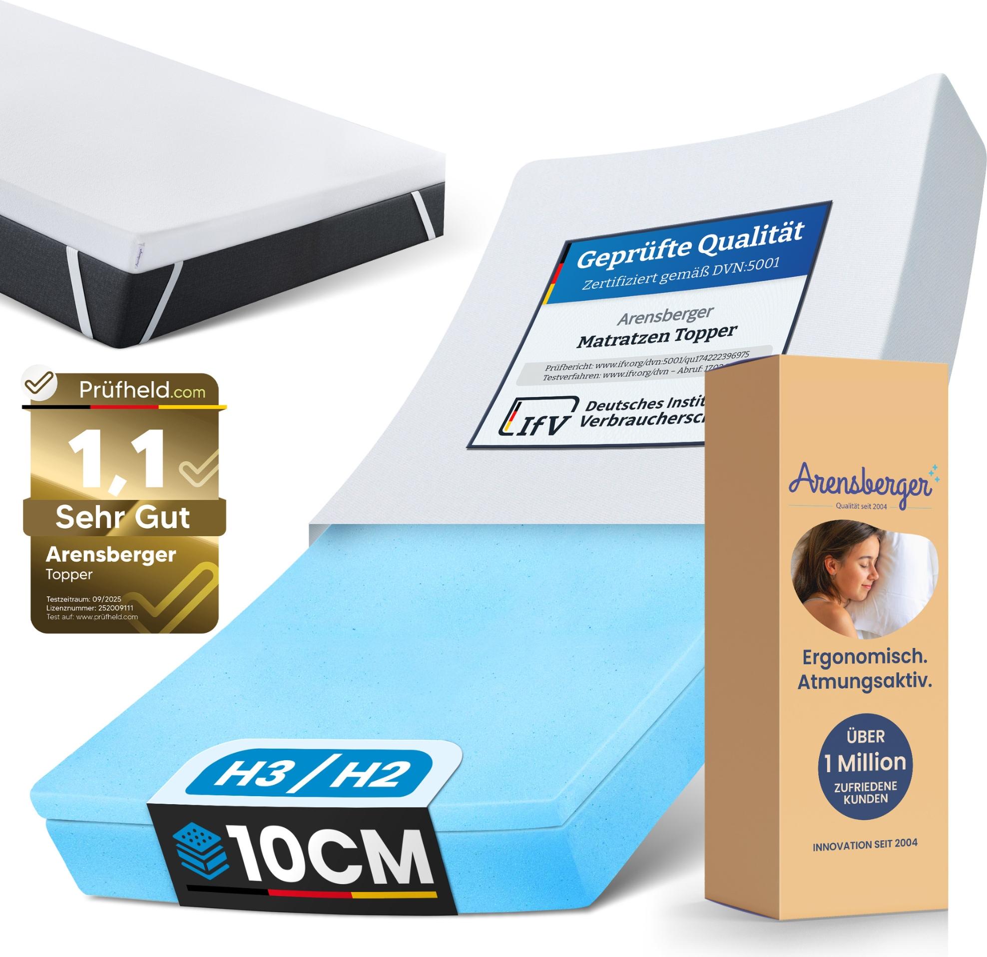 Arensberger Matratzen Topper LUXURY, 90x200cm, Gelschaum und Memory Gel Foam Matratzentopper, waschbar, geeignet für Federkern & Matratzen, Höhe 10cm