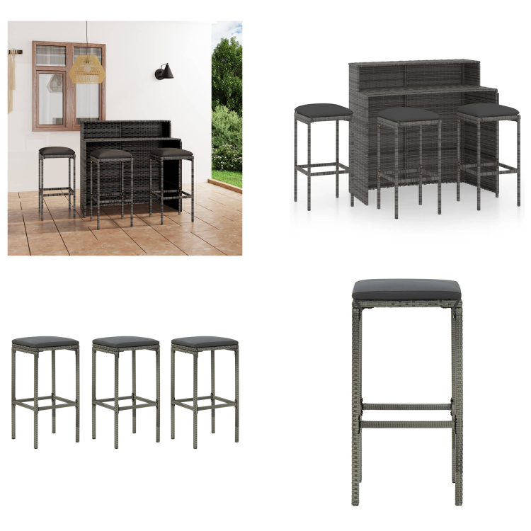 vidaXL 4 ks záhradný barový set s vankúšmi sivý - Záhradný barový set - Záhradné barové sety - Záhradné stoly a stoličky - Záhradné stoly a stoličky