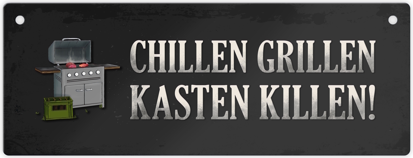 speecheese Chillen, grillen, Kasten killen Metallschild XL mit Grill Motiv